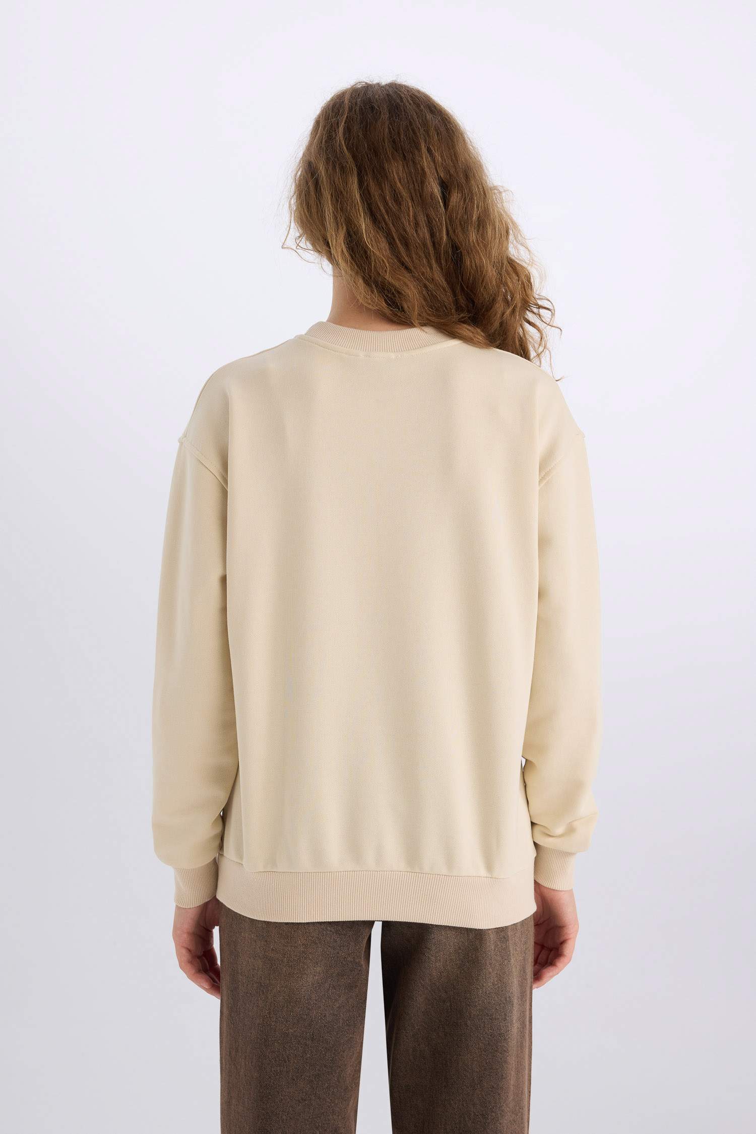 Oversize Geniş Kalıp Bisiklet Yaka Basic Düz Kalın Sweatshirt