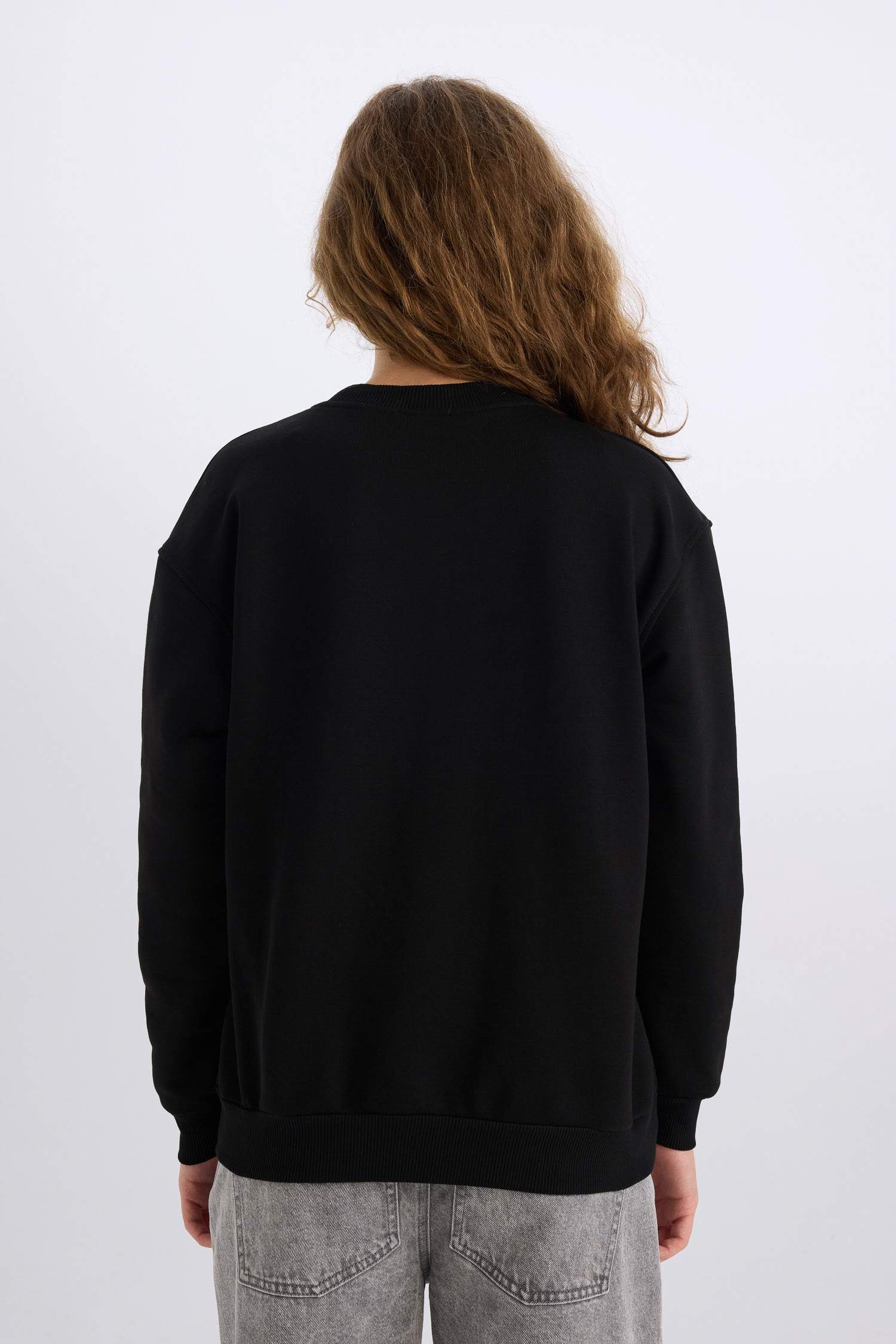 Oversize Geniş Kalıp Bisiklet Yaka Basic Düz Kalın Sweatshirt