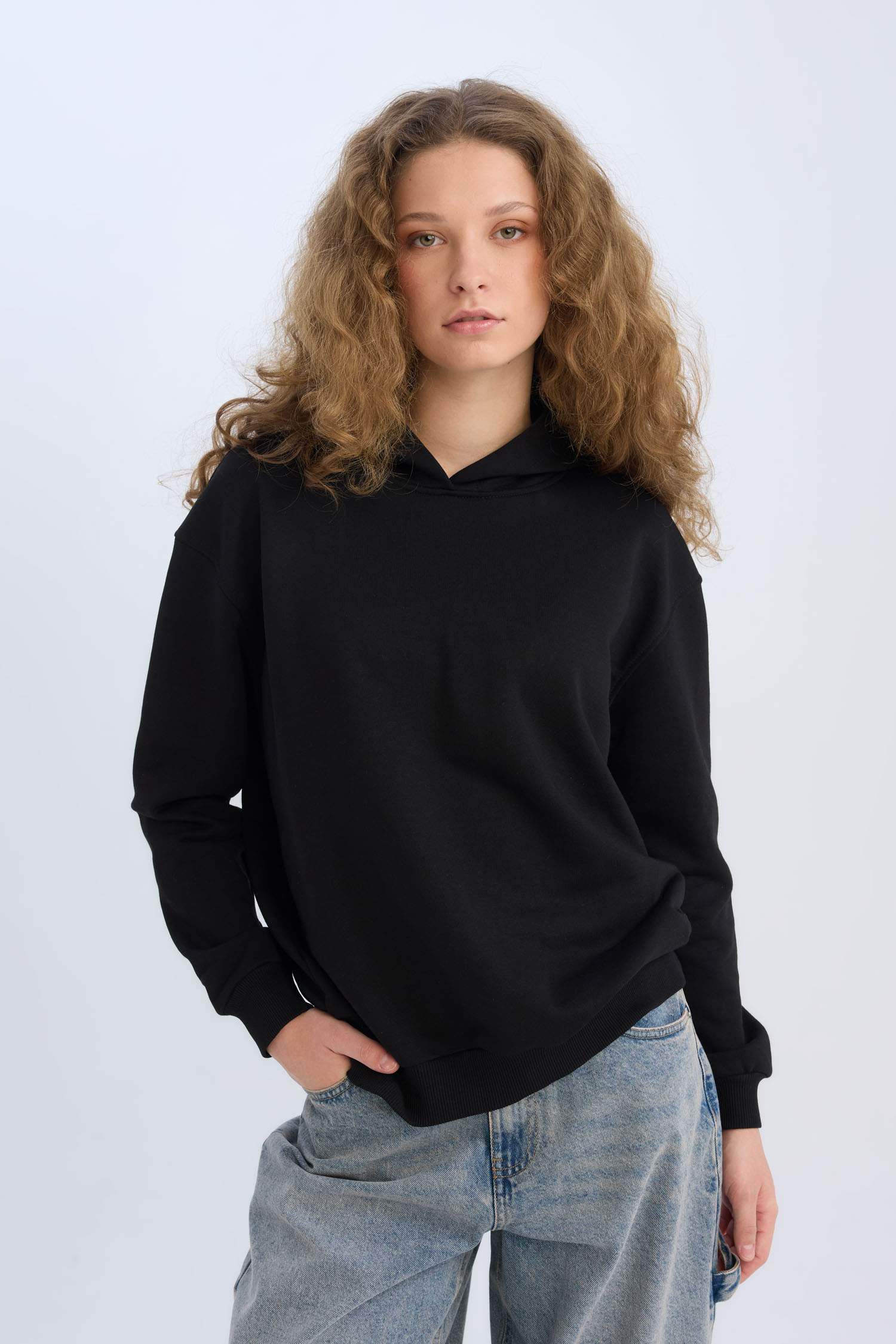 Loose Fit Kapüşonlu Basic Düz Kalın Sweatshirt