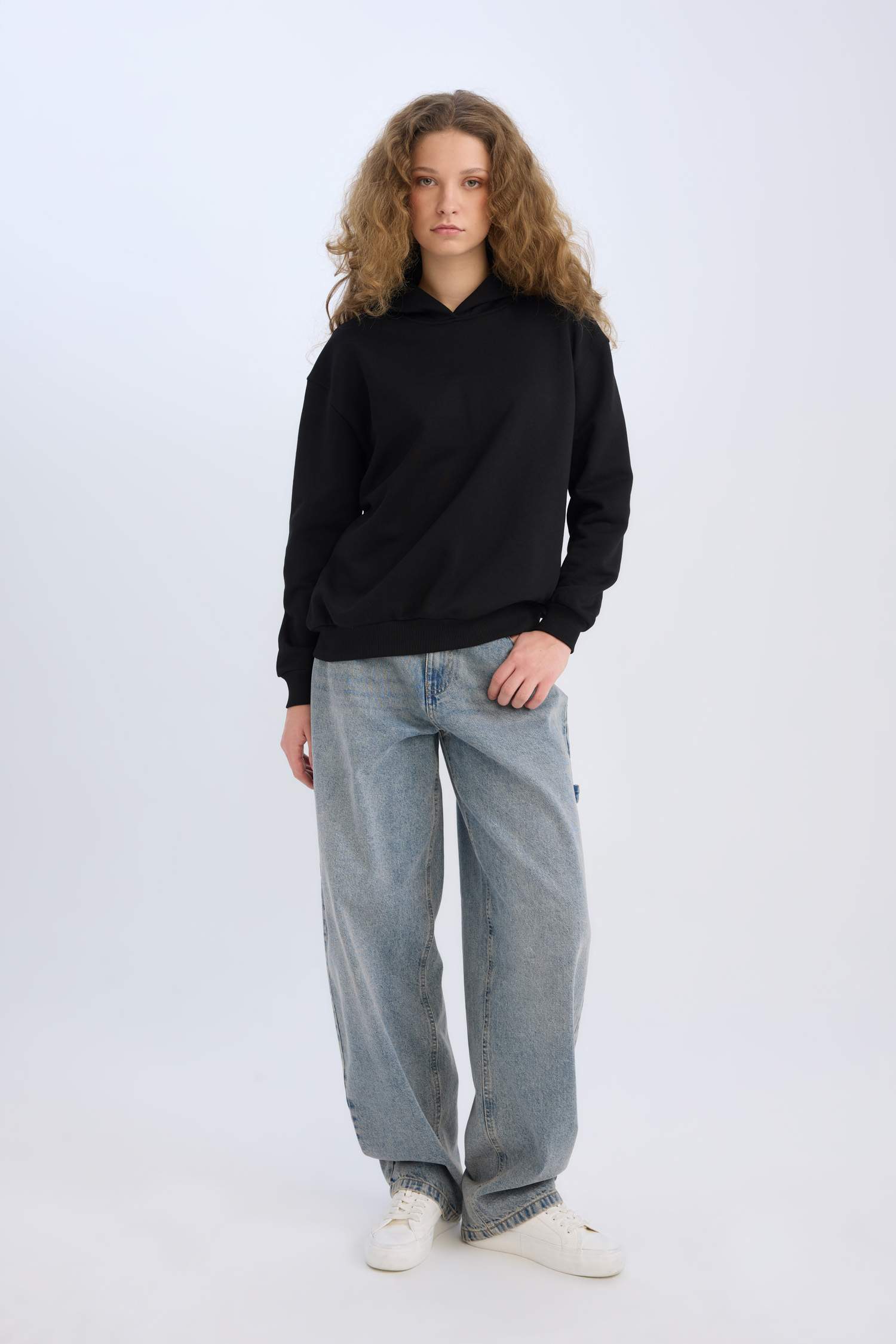 Loose Fit Kapüşonlu Basic Düz Kalın Sweatshirt