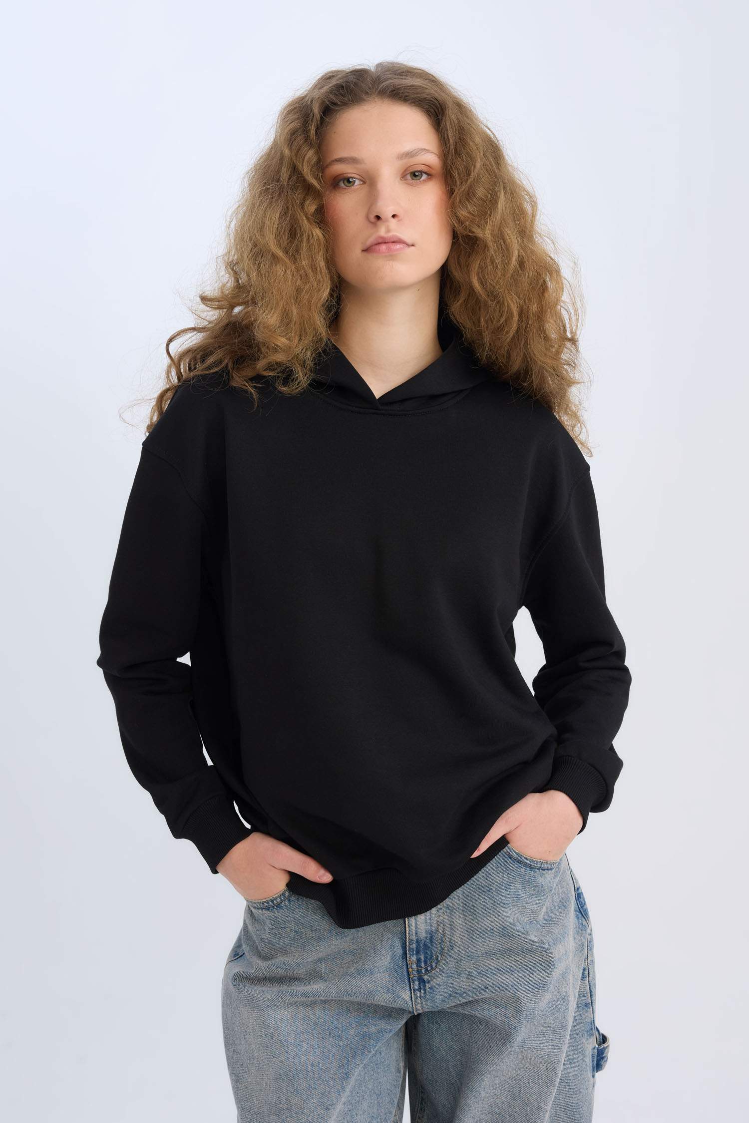 Loose Fit Kapüşonlu Basic Düz Kalın Sweatshirt