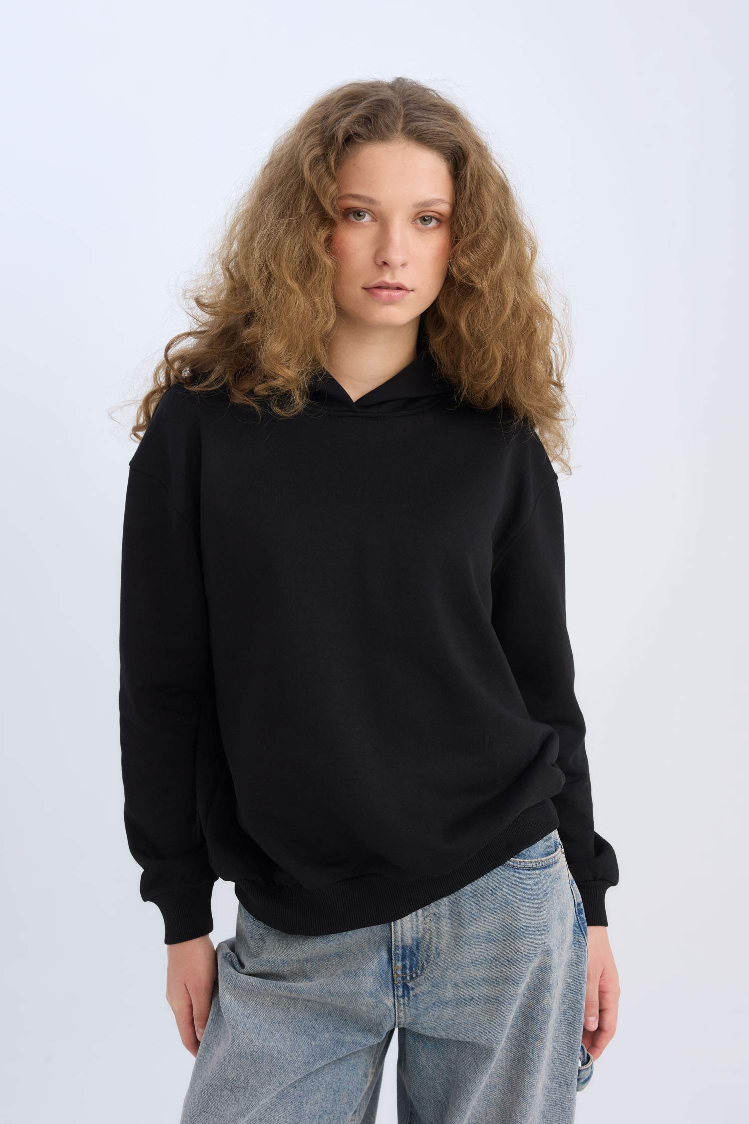 Loose Fit Kapüşonlu Basic Düz Kalın Sweatshirt