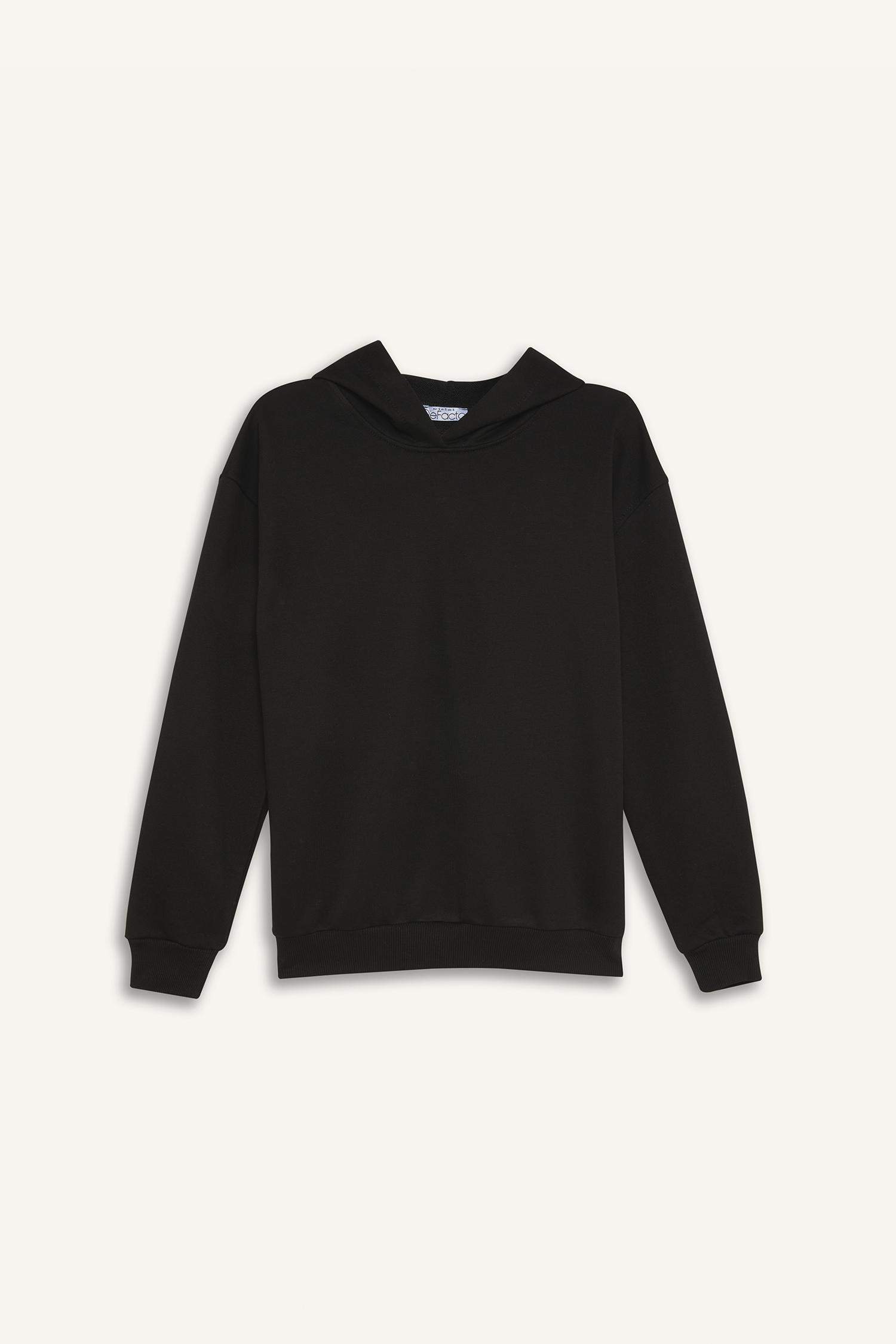 Loose Fit Kapüşonlu Basic Düz Kalın Sweatshirt