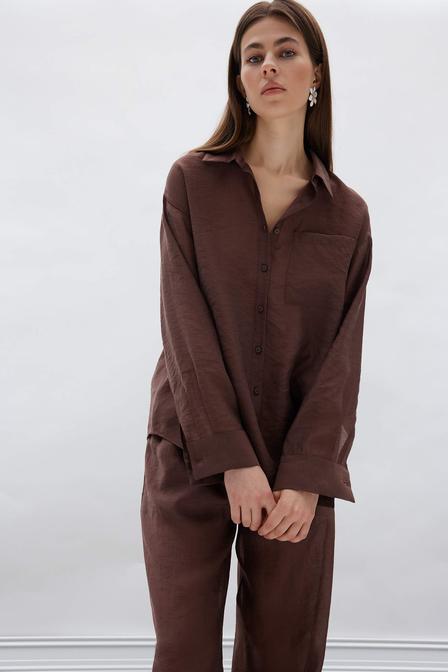 Oversize Geniş Kalıp Cepli Modal Uzun Kollu Gömlek