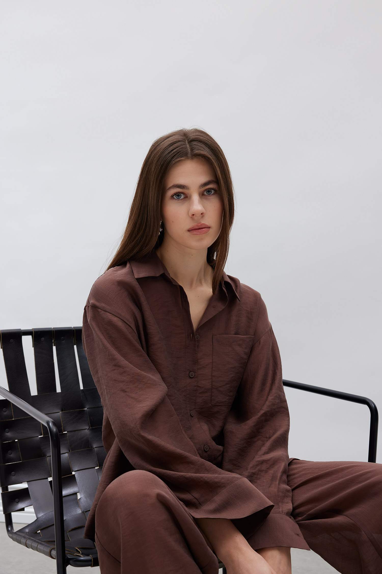 Oversize Geniş Kalıp Cepli Modal Uzun Kollu Gömlek