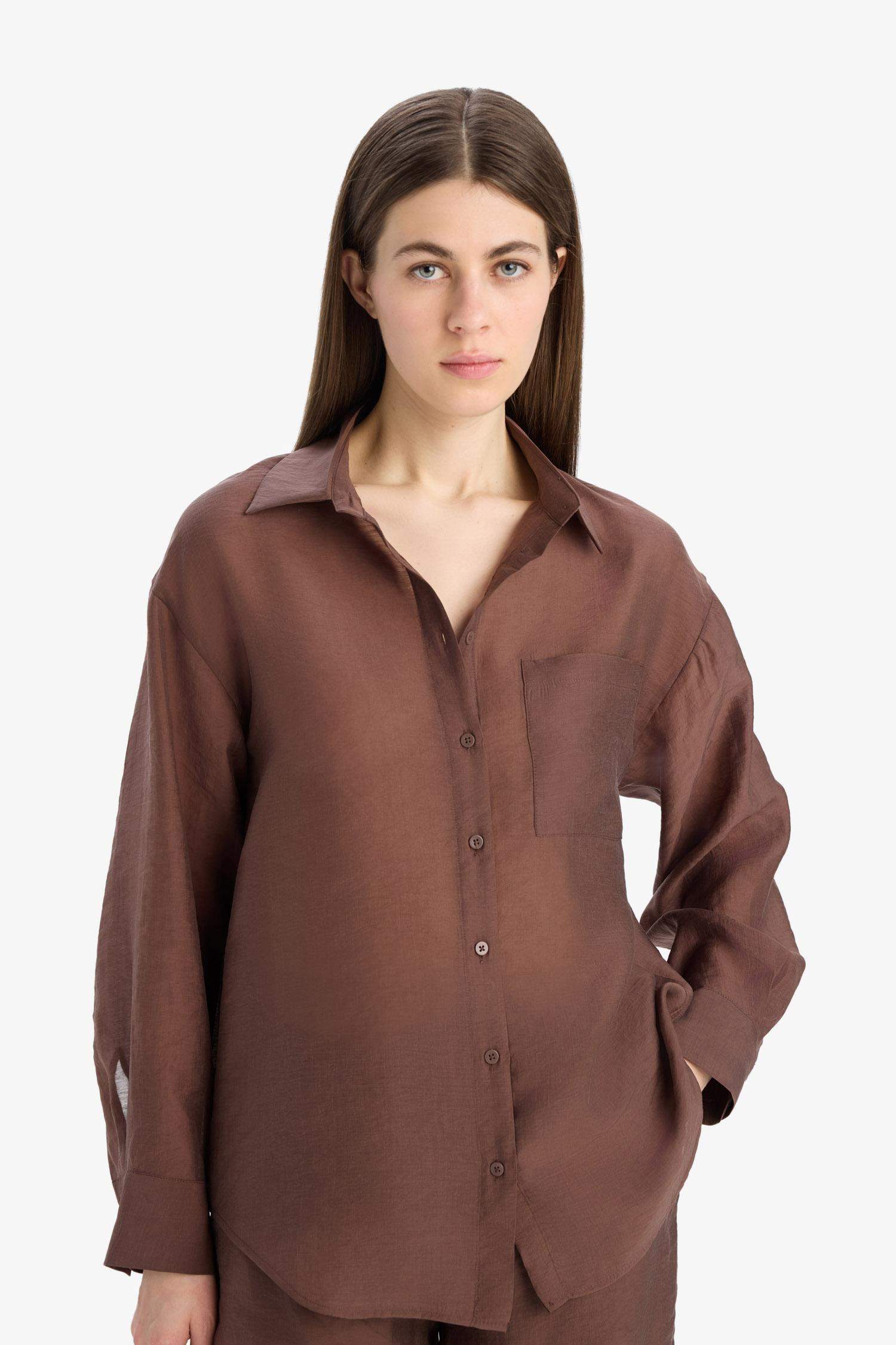 Oversize Geniş Kalıp Cepli Modal Uzun Kollu Gömlek