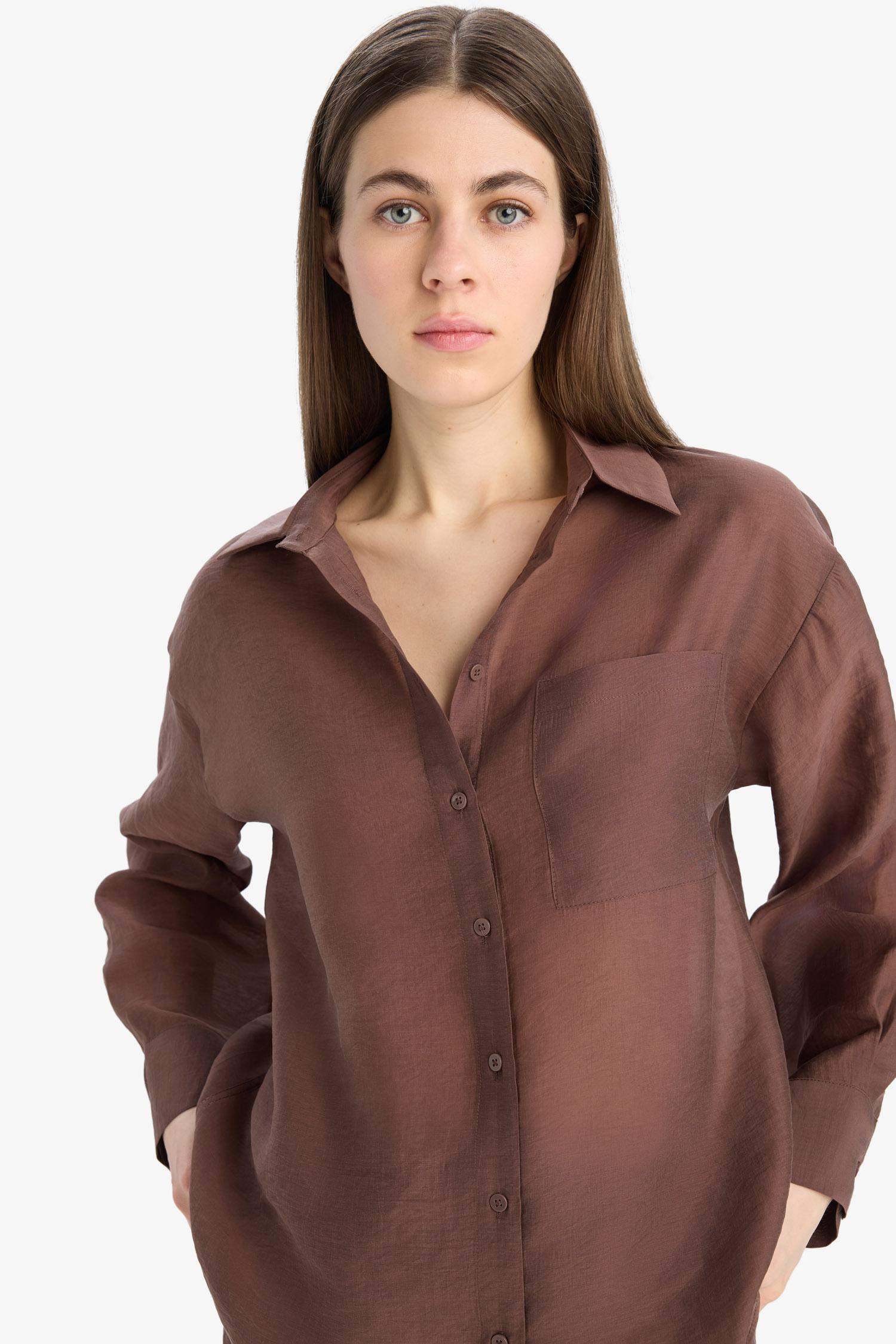 Oversize Geniş Kalıp Cepli Modal Uzun Kollu Gömlek