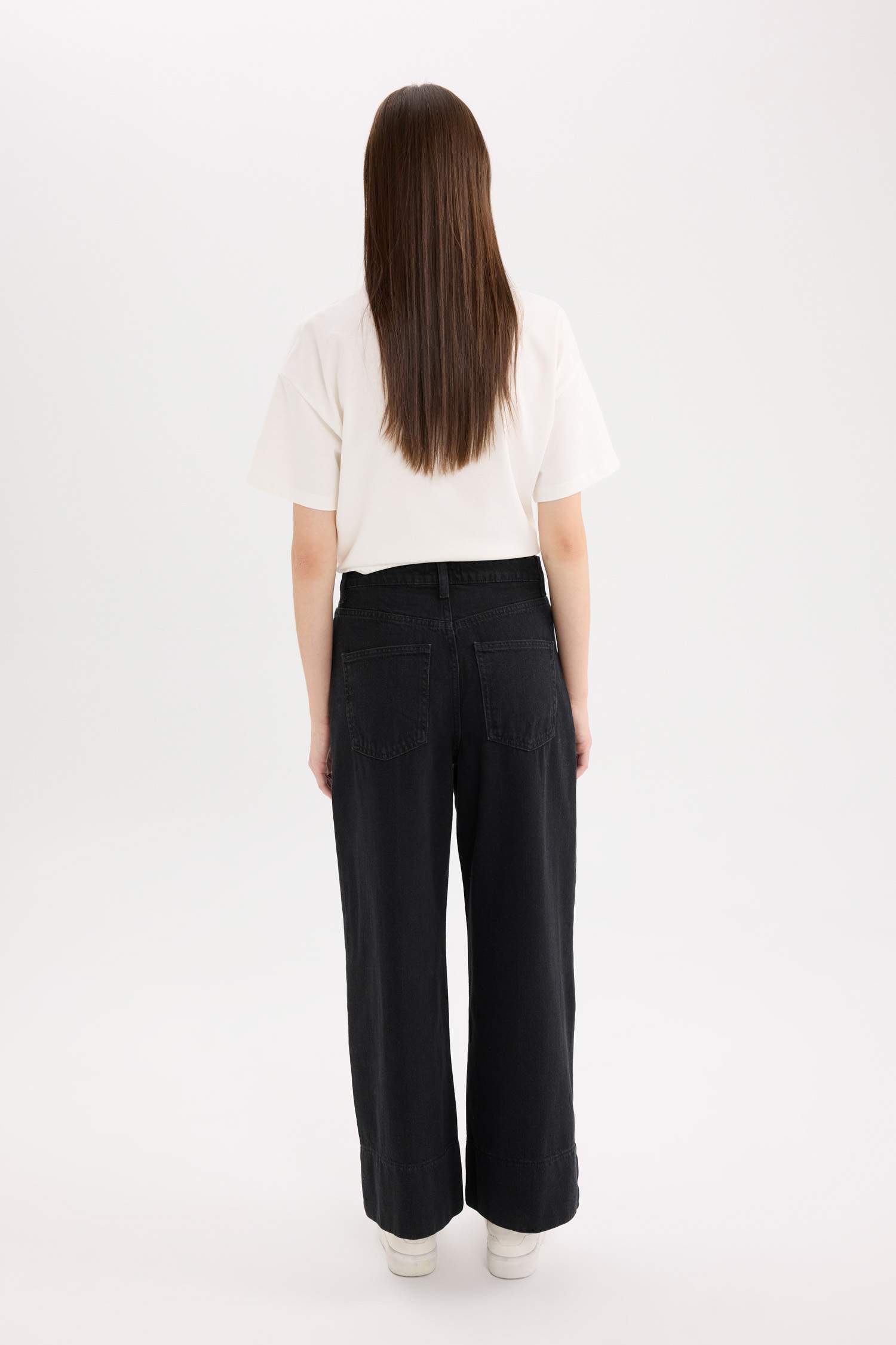 Kısa Geniş Paça Yüksek Bel Crop Jean Yıkamalı Pantolon