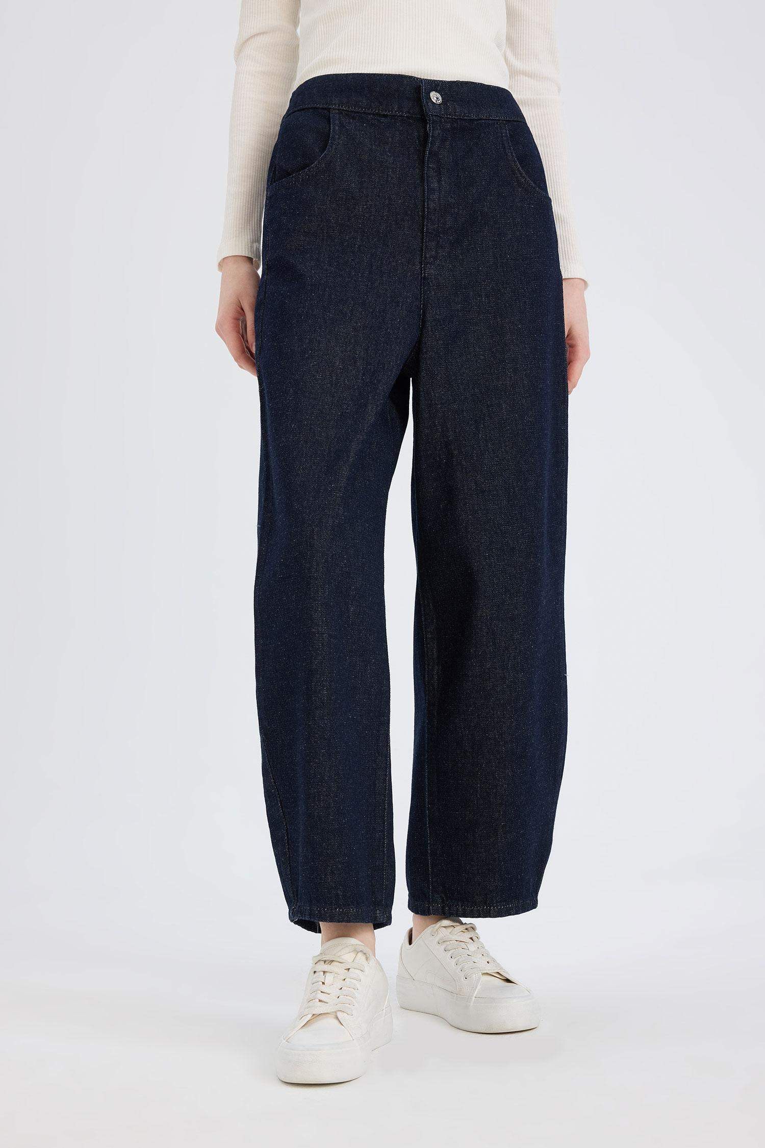 Barrel Fit Beli Lastikli Bilek Boy Cepli Yumuşak Jean Pantolon