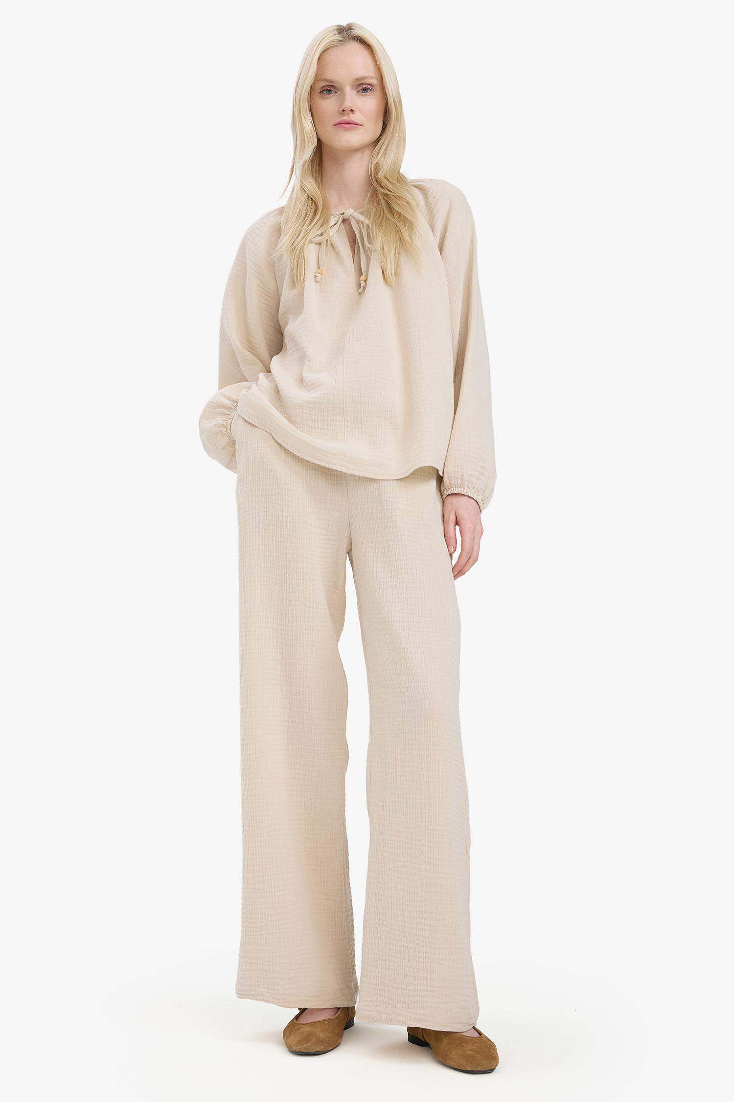 Wide Leg Müslin Kumaş Palazzo Pantolon Çift Cepli Yüksek Bel Geniş Paça