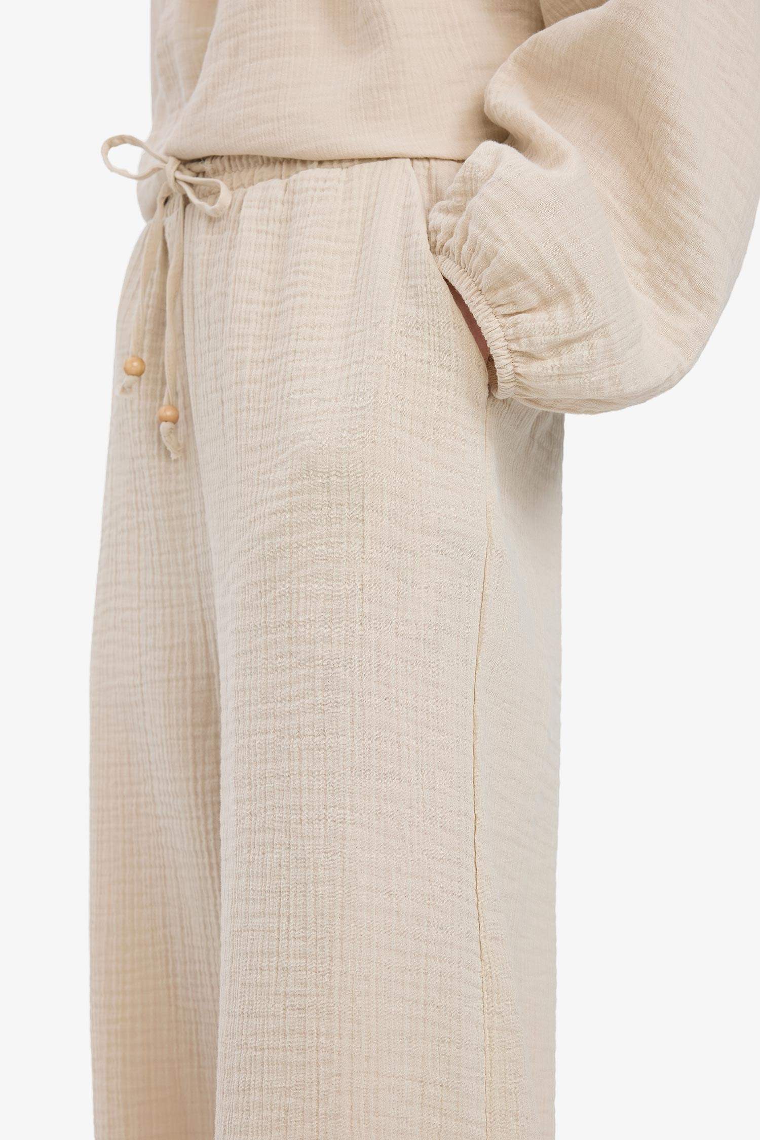 Wide Leg Müslin Kumaş Palazzo Pantolon Çift Cepli Yüksek Bel Geniş Paça