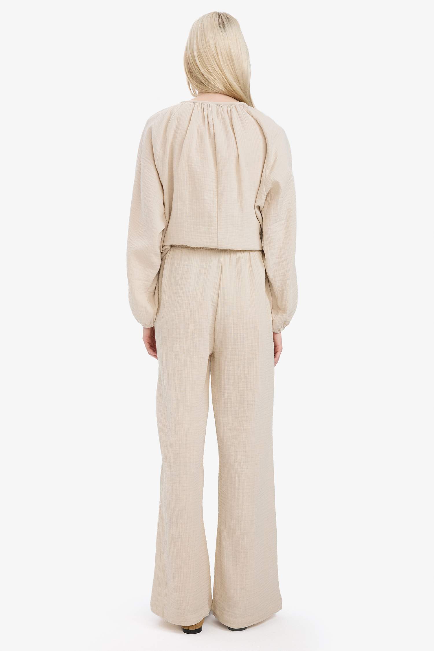 Wide Leg Müslin Kumaş Palazzo Pantolon Çift Cepli Yüksek Bel Geniş Paça