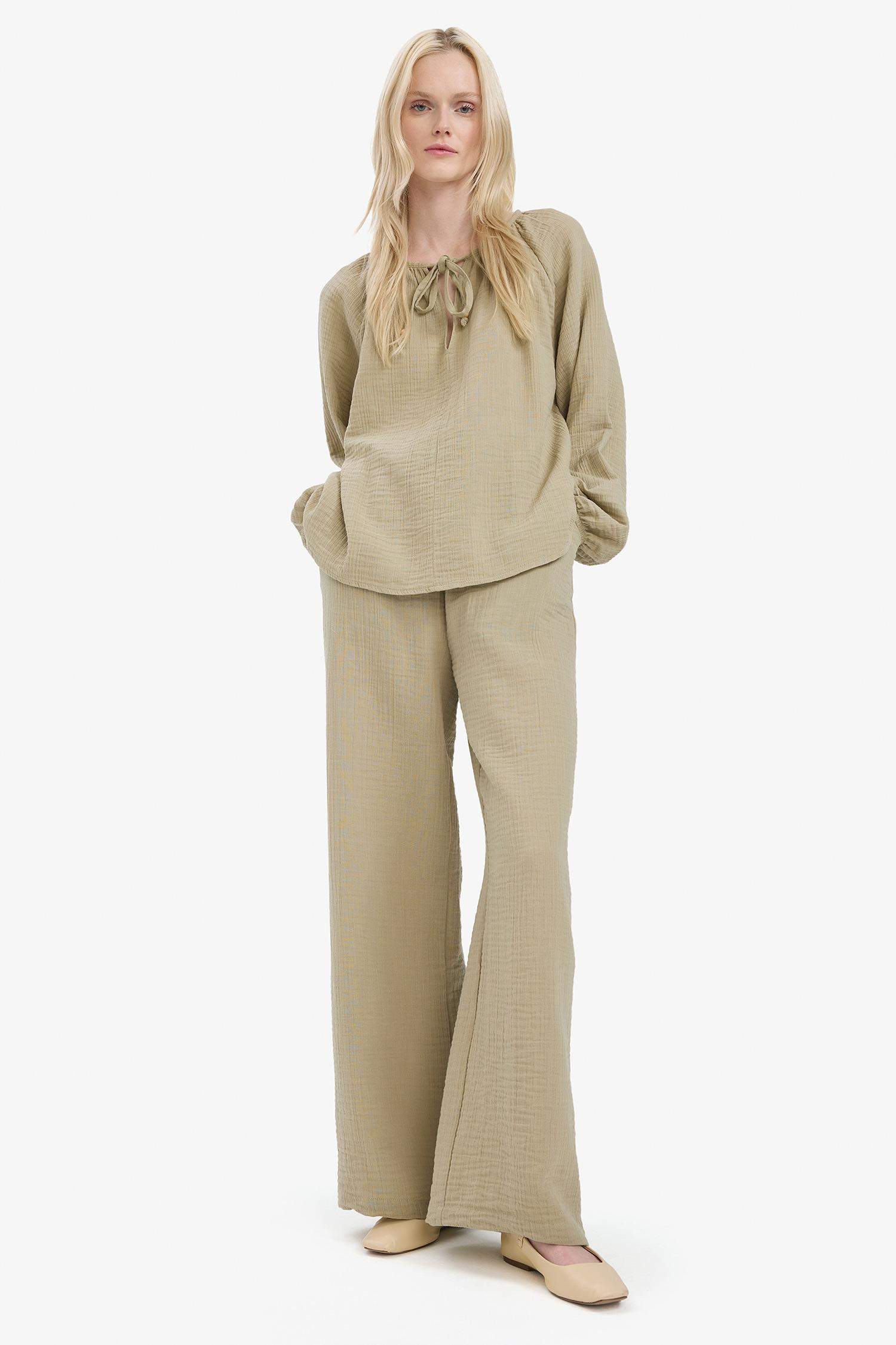 Double Pocket High Waist Wide Leg Muslin Fabric Trousers