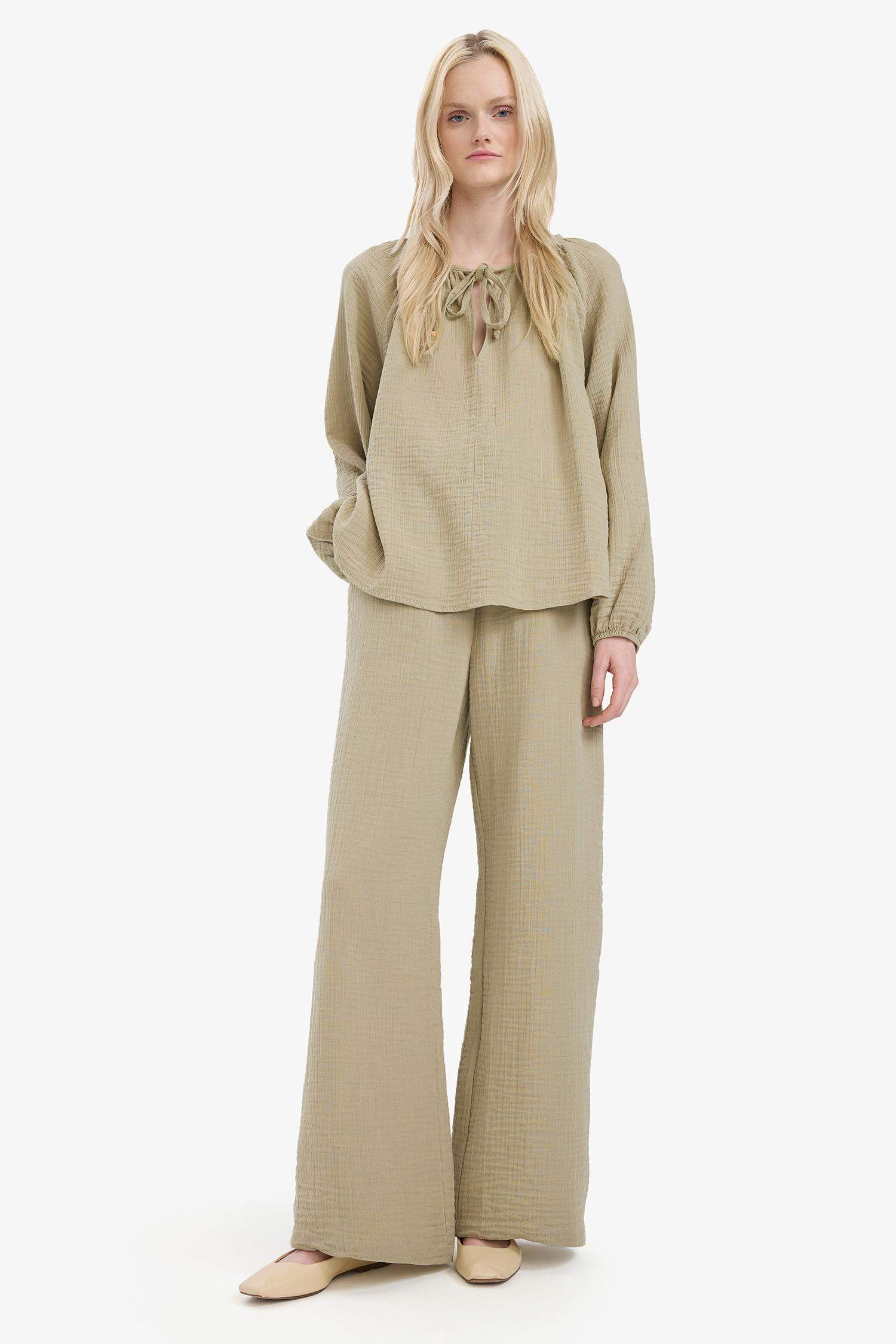 Double Pocket High Waist Wide Leg Muslin Fabric Trousers