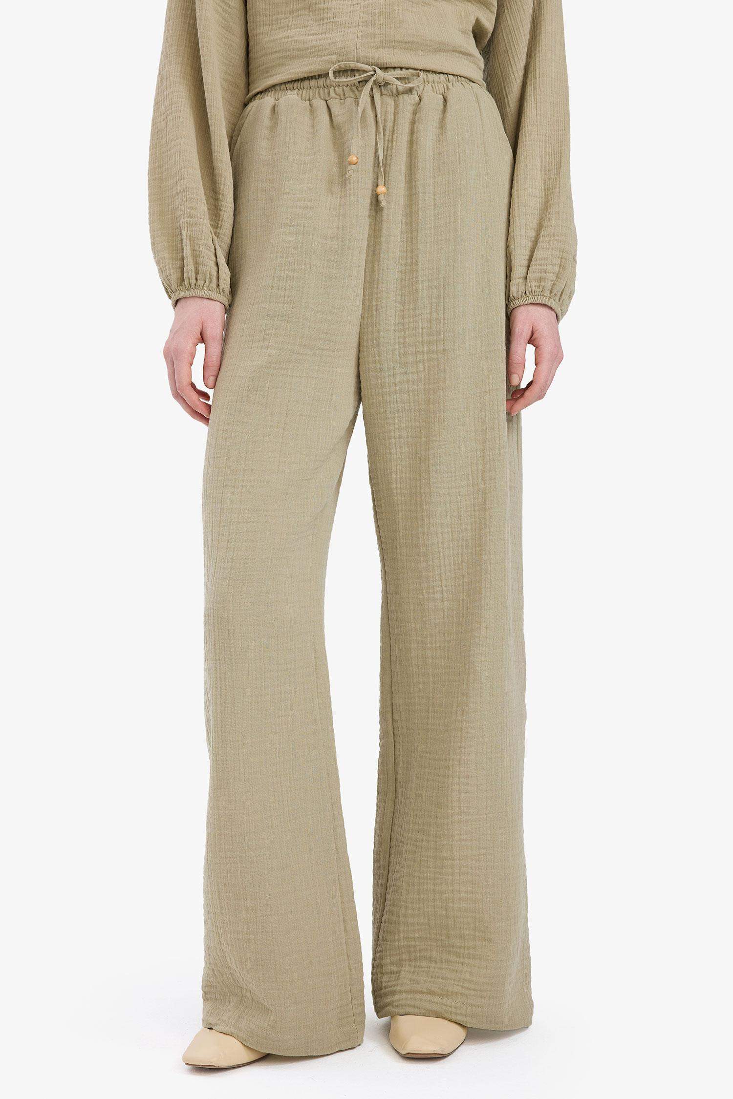 Double Pocket High Waist Wide Leg Muslin Fabric Trousers