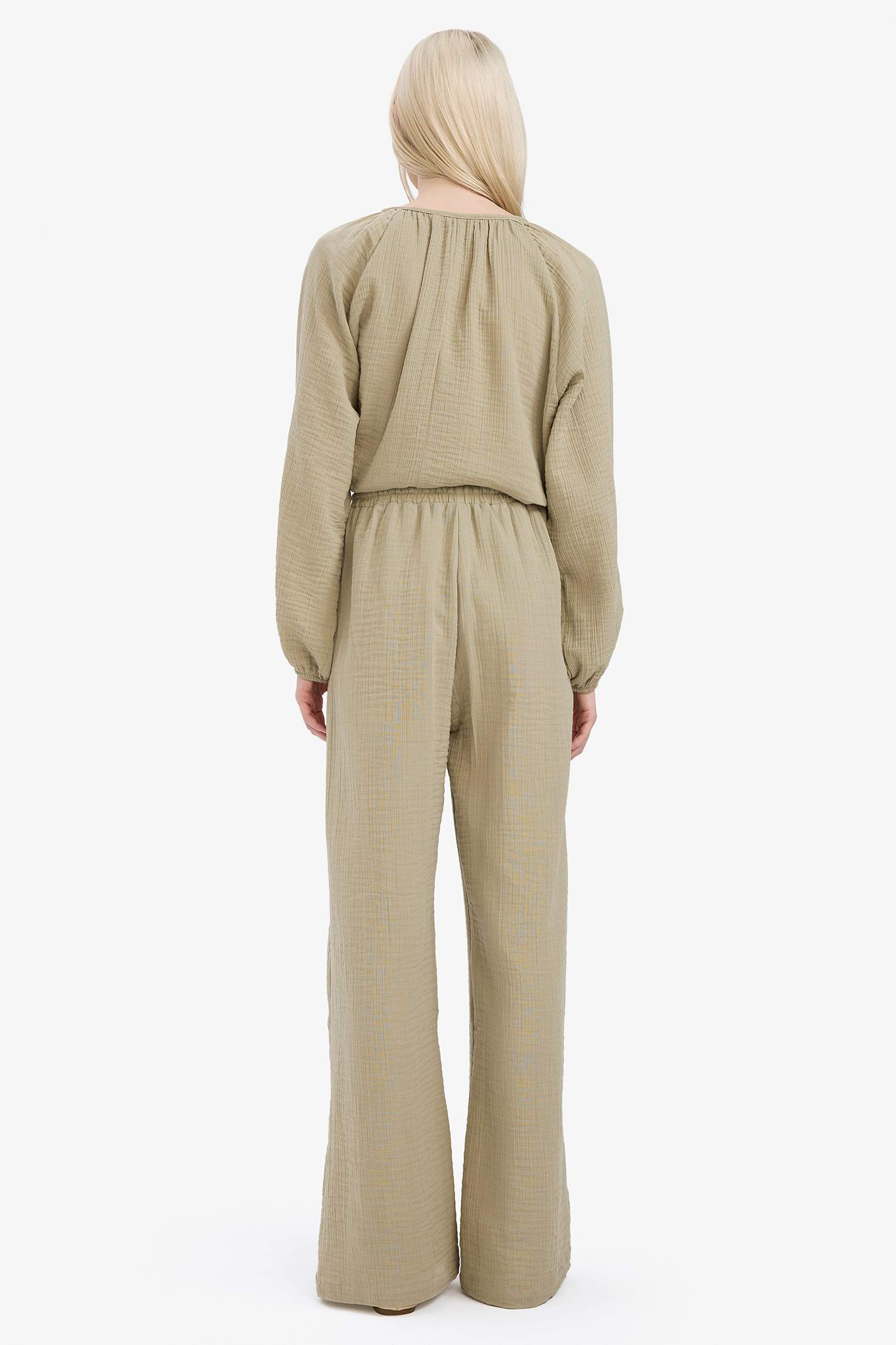 Double Pocket High Waist Wide Leg Muslin Fabric Trousers