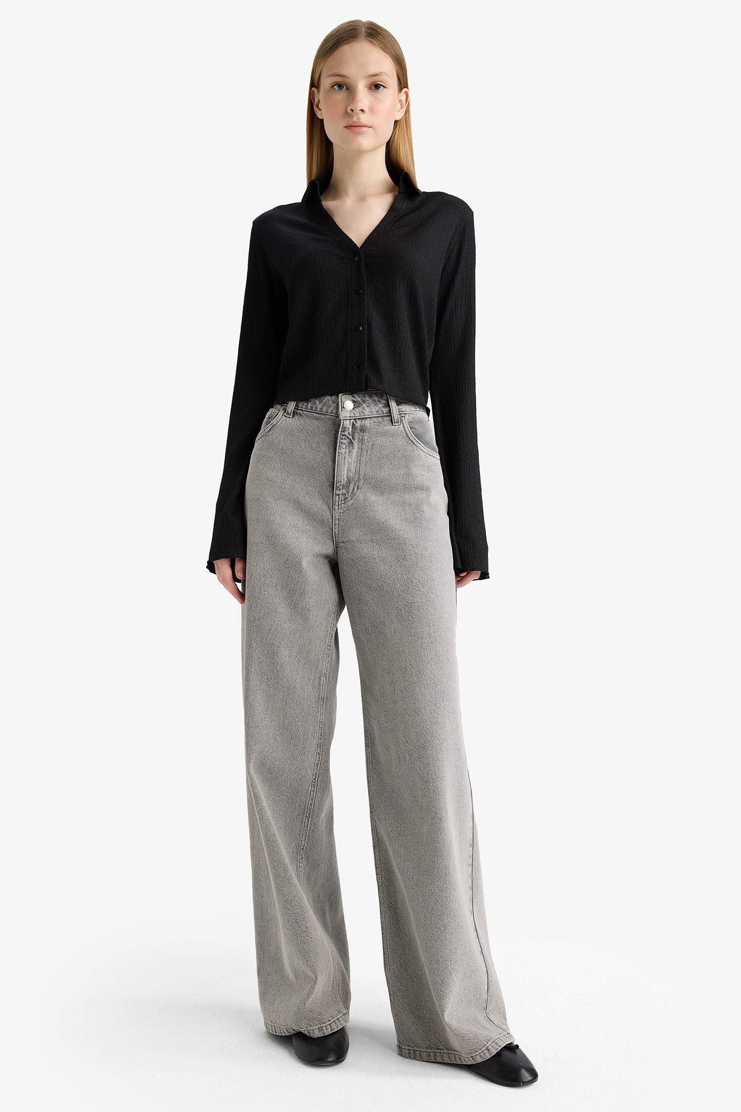 Fitted Shirt Collar Crepe Long Sleeve Shirt