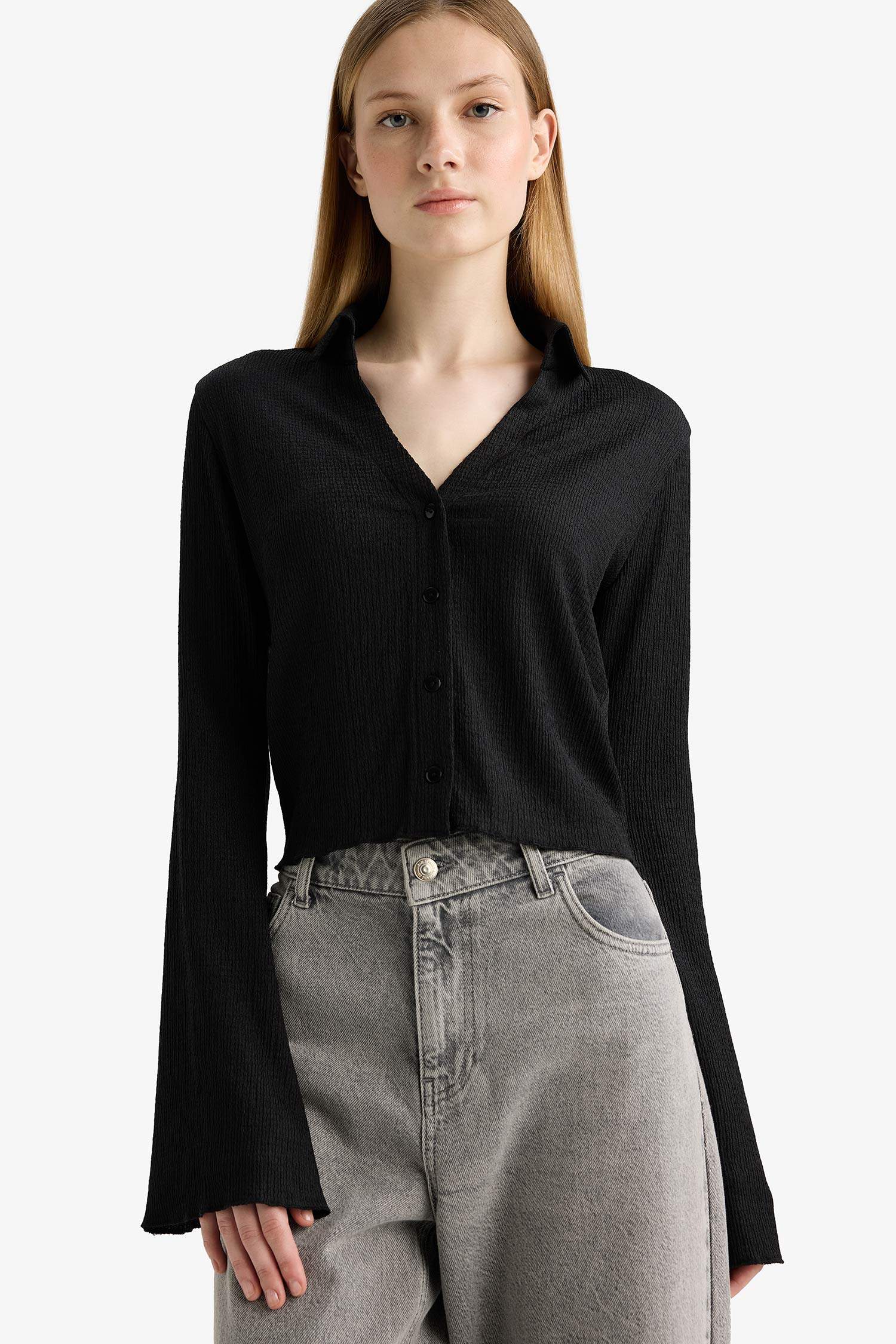 Fitted Shirt Collar Crepe Long Sleeve Shirt