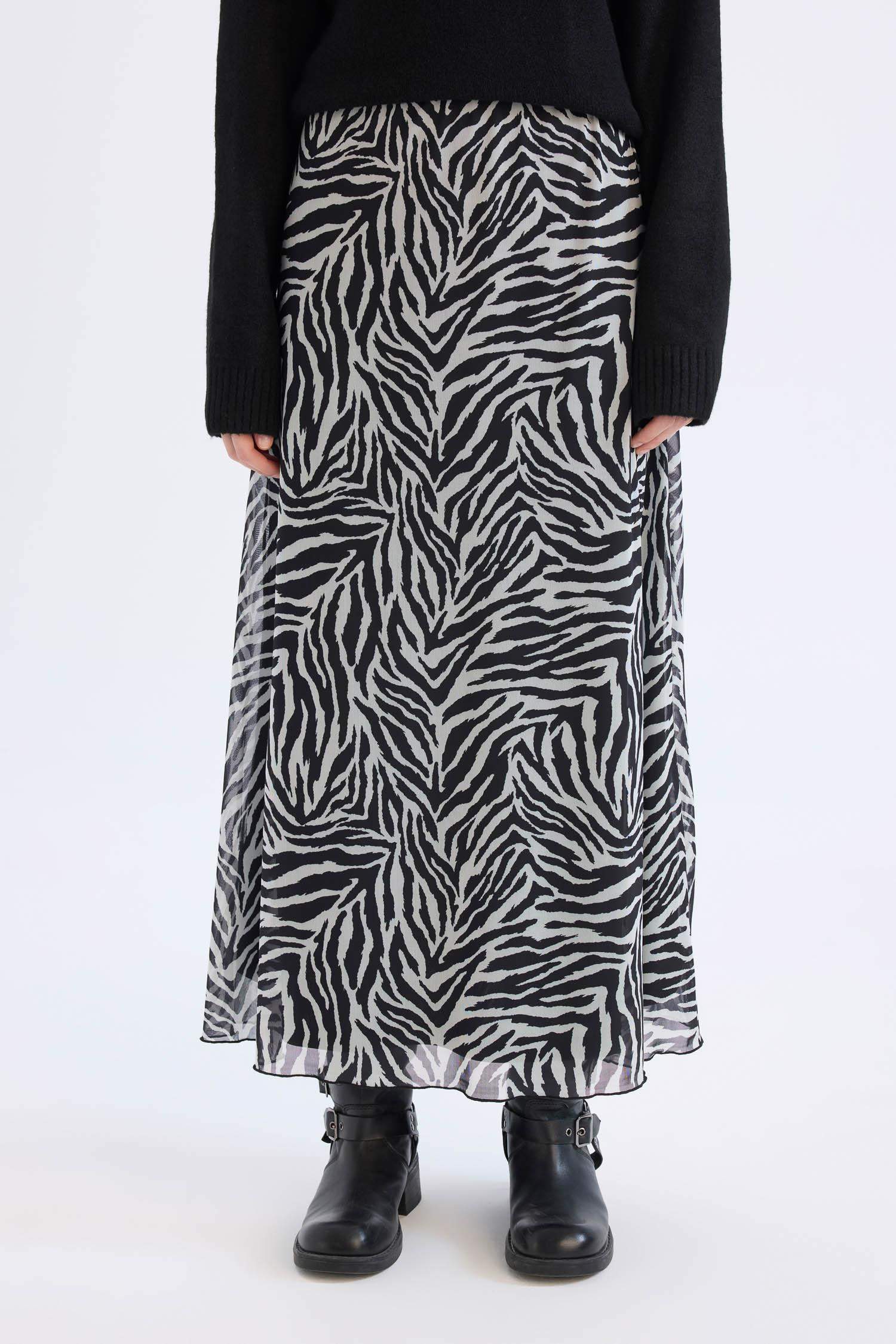 Flare Fit Zebra Desenli Yüksek Bel Tül Maxi Etek