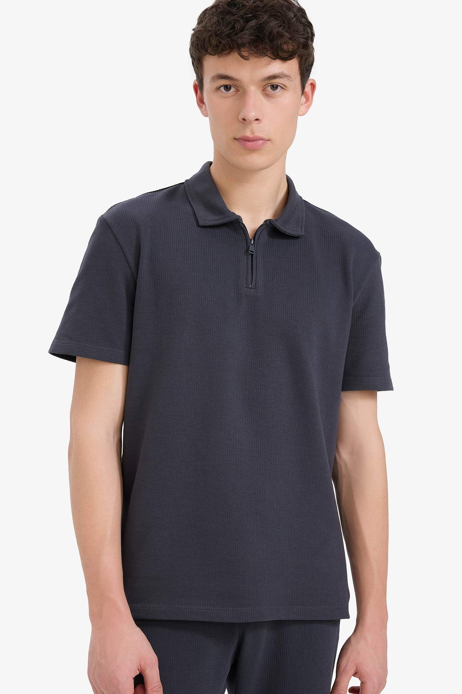 Regular Fit Polo Yaka Kısa Kollu Dokulu Tişört