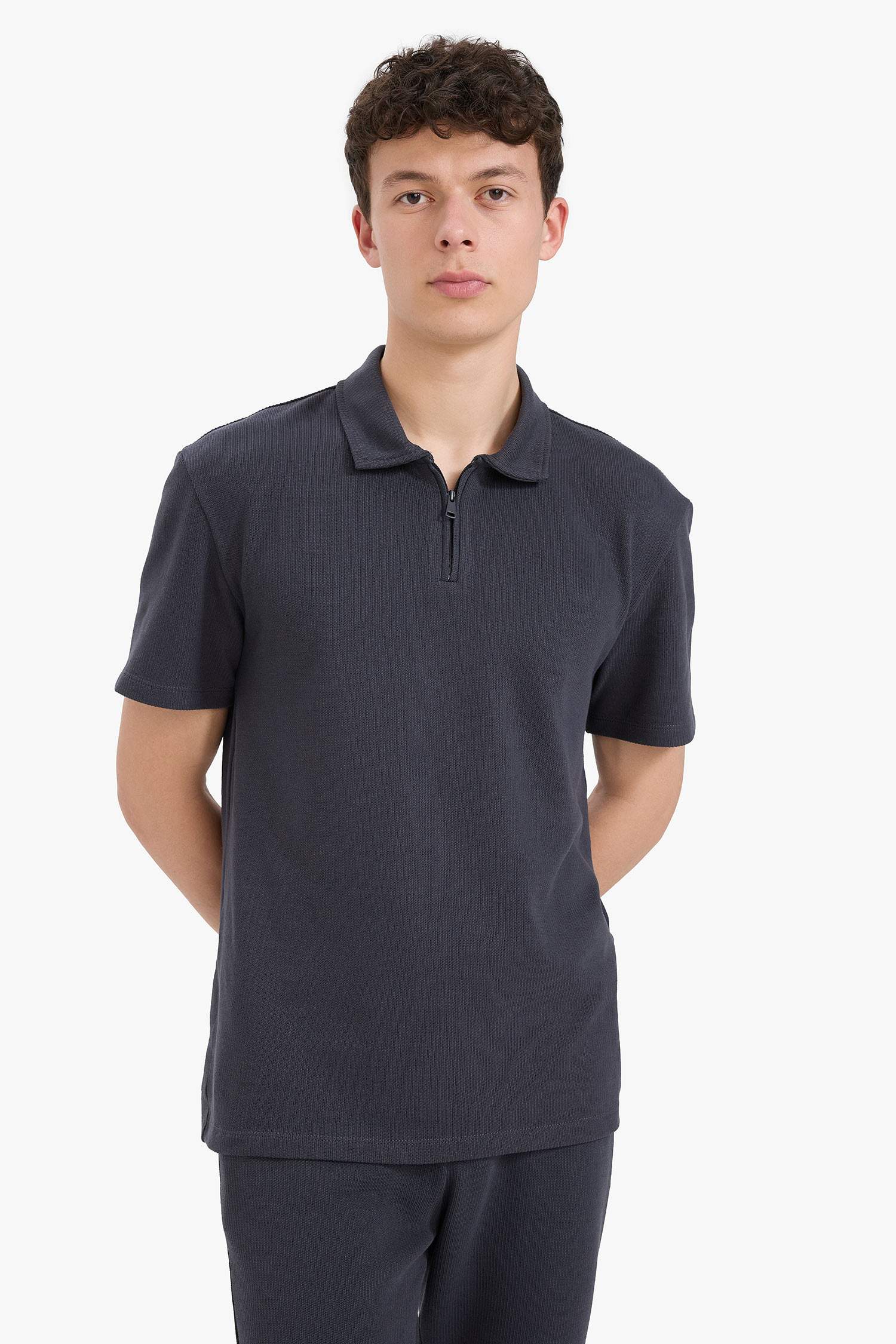 Regular Fit Polo Yaka Kısa Kollu Dokulu Tişört