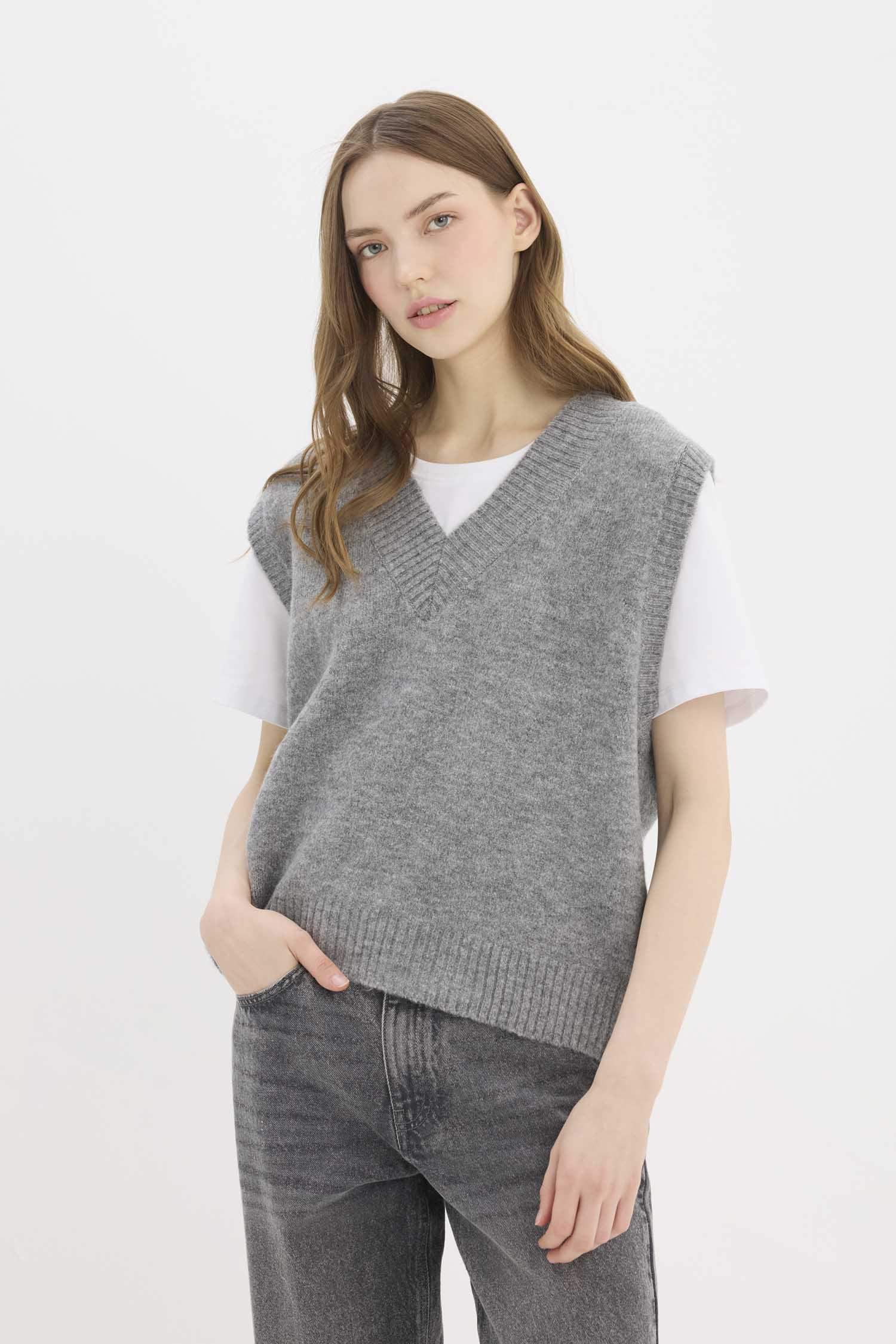 Oversize Geniş Kalıp Basic Düz V Yaka Triko Süveter