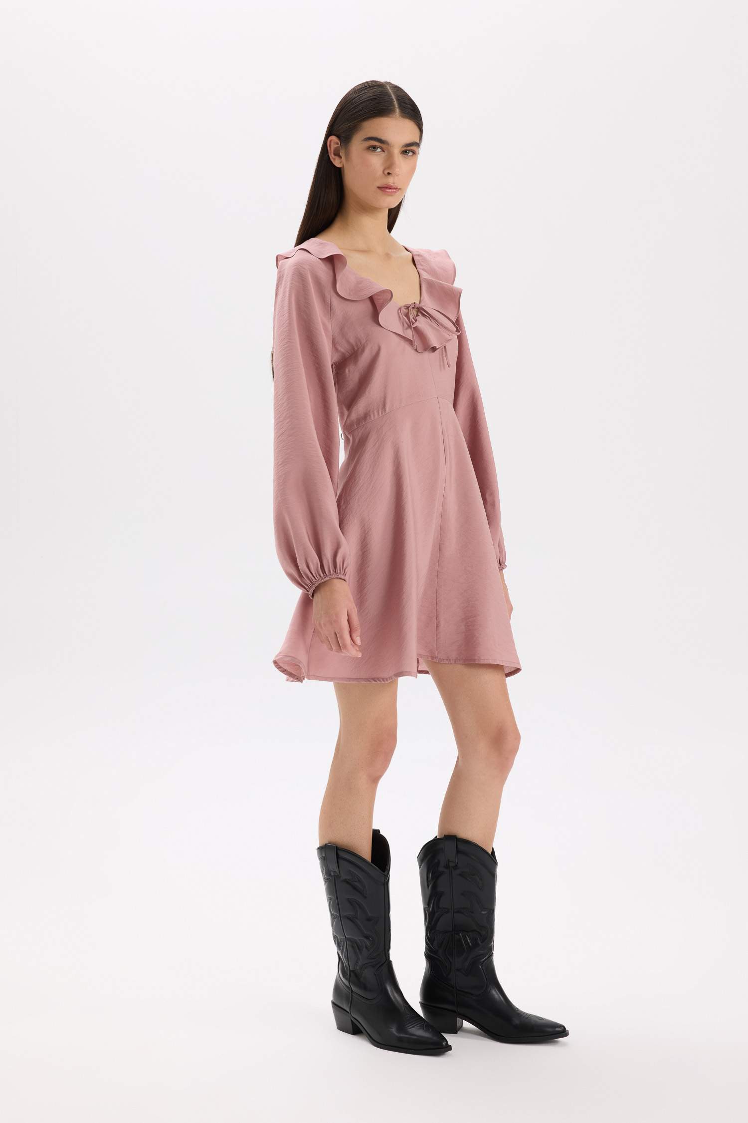 V Yaka Basic Düz Modal Uzun Kollu Siyah Mini Elbise