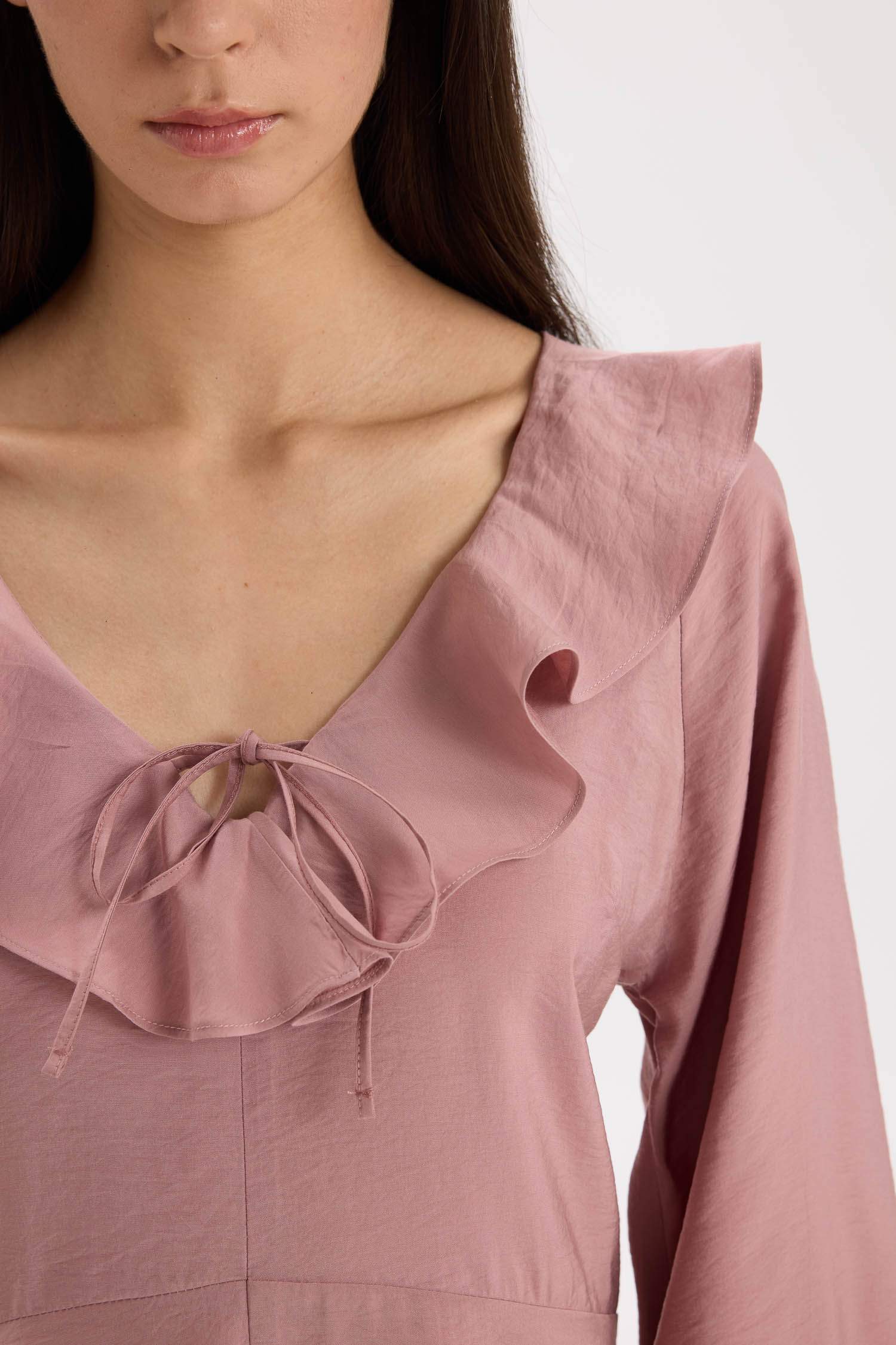 V Yaka Basic Düz Modal Uzun Kollu Siyah Mini Elbise