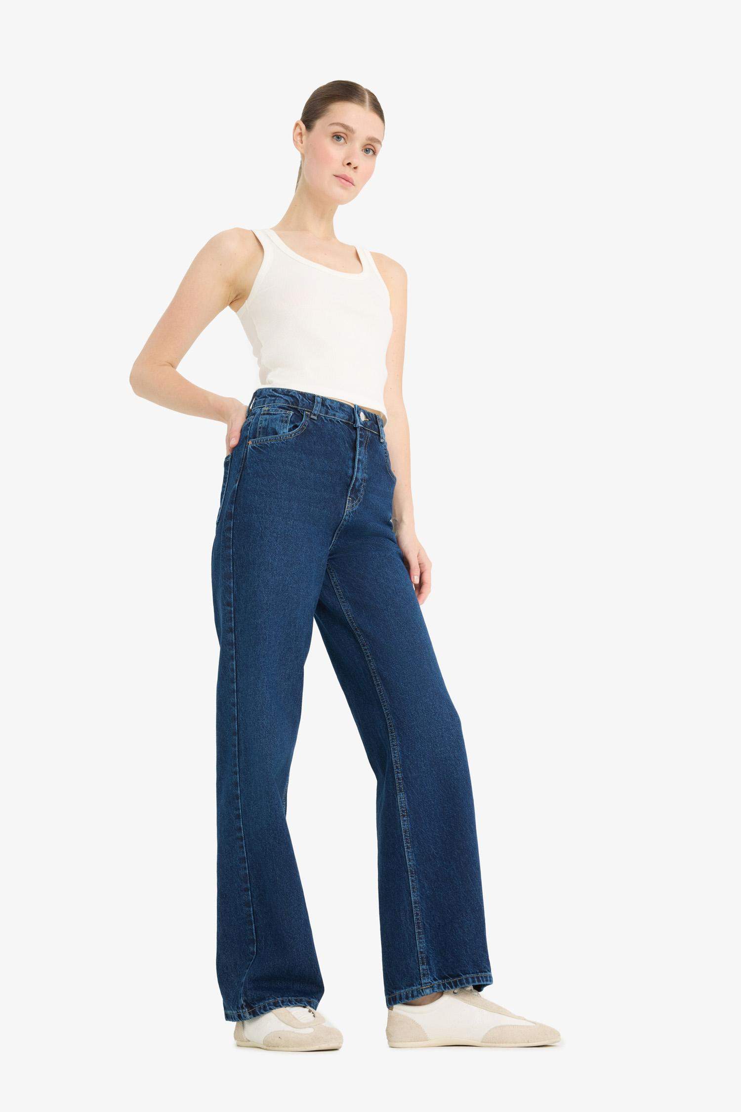 90's Wide Leg Yüksek Bel Uzun Jean Yıkamalı Pantolon