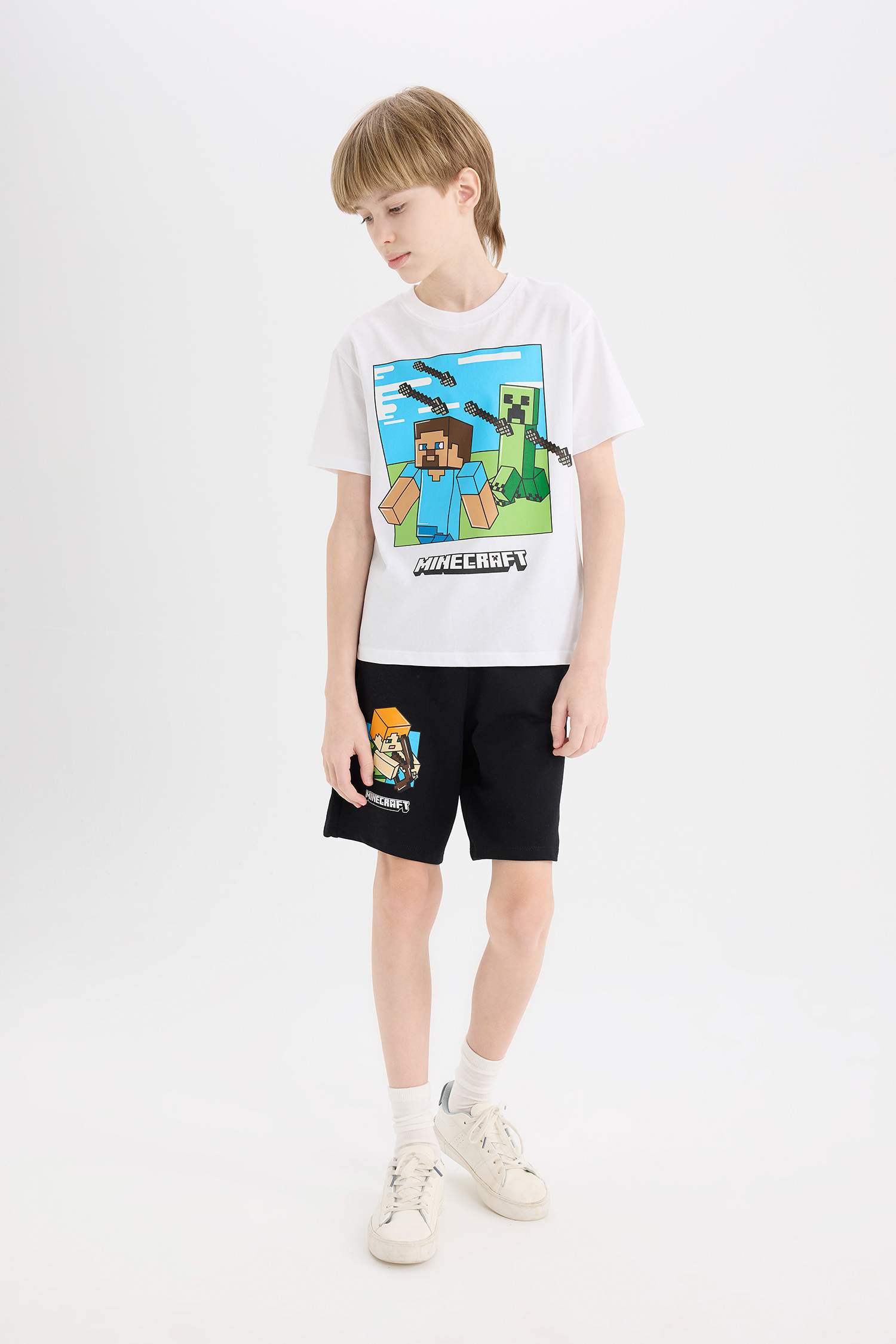 Erkek Çocuk 2'li Takım Minecraft Kısa Kollu Tişört Beli Lastikli Şort Alt
