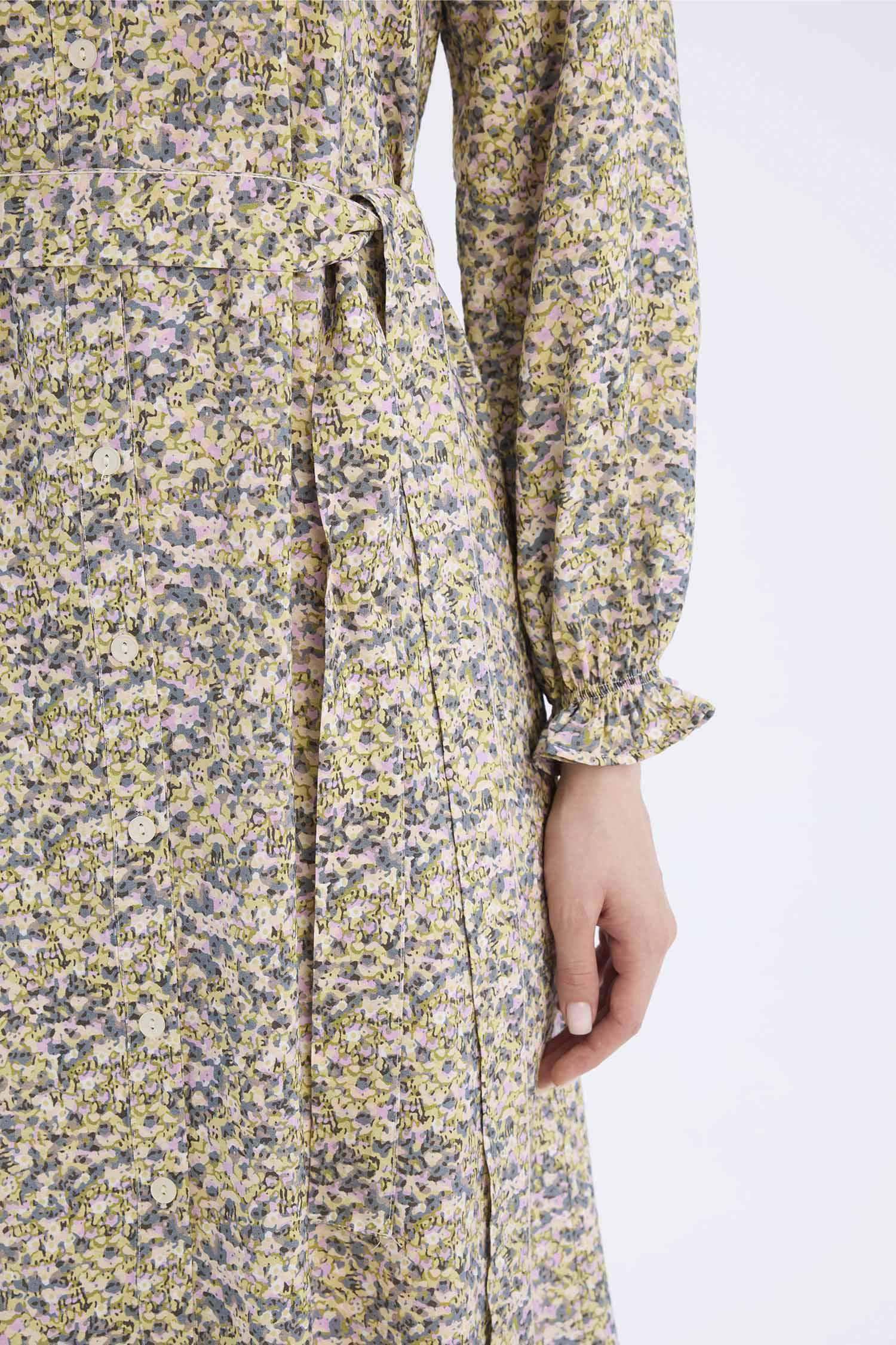 Crew Neck Patterned Belted Long Sleeve Midi Dress