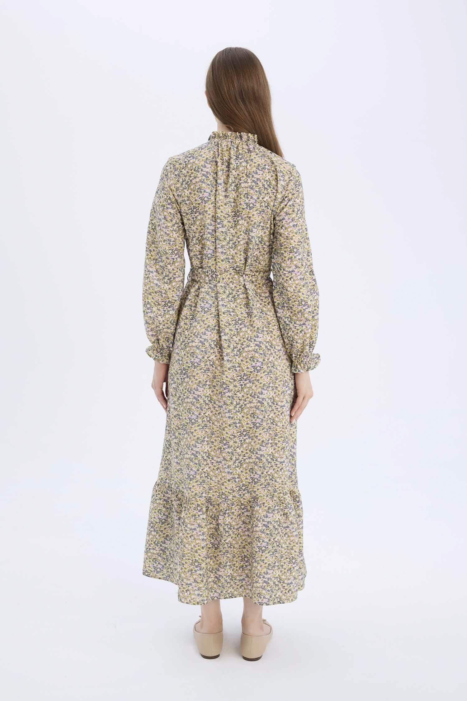 Crew Neck Patterned Belted Long Sleeve Midi Dress