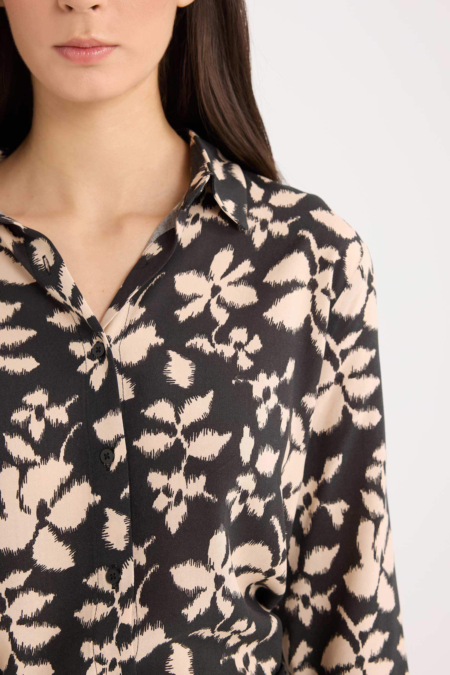 Oversize Fit Shirt Collar Printed Long Sleeve Tunic