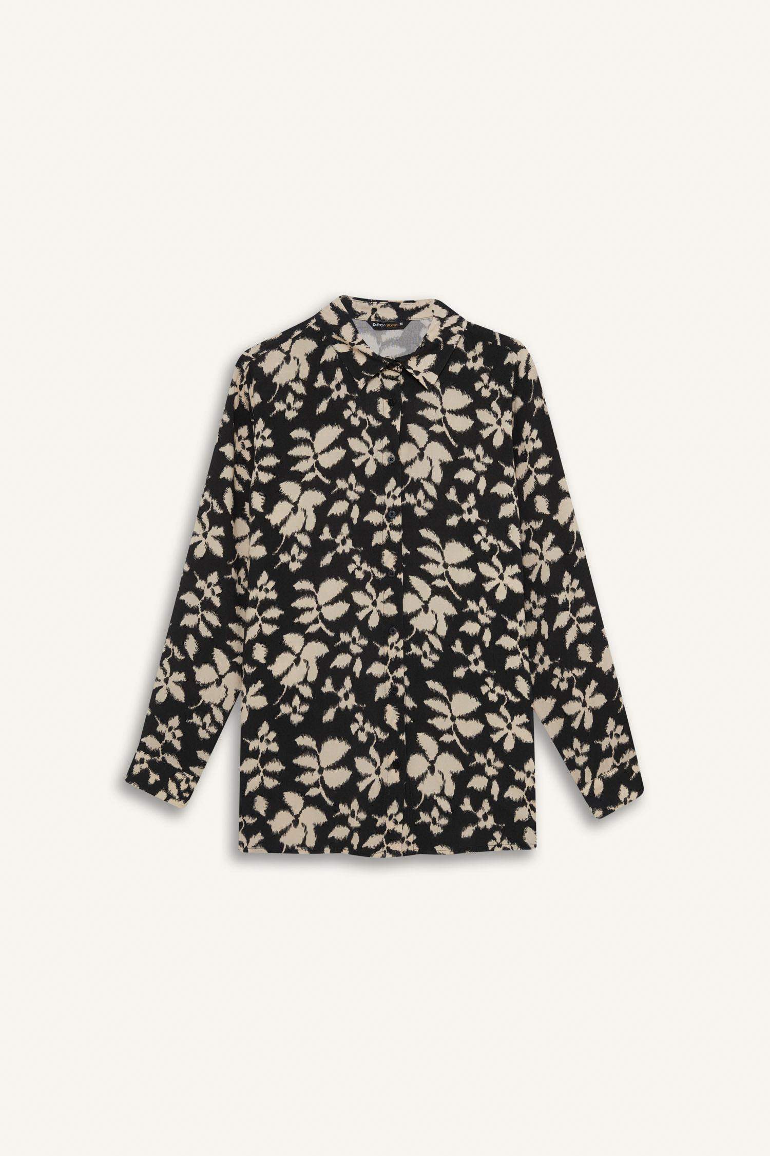 Oversize Fit Shirt Collar Printed Long Sleeve Tunic