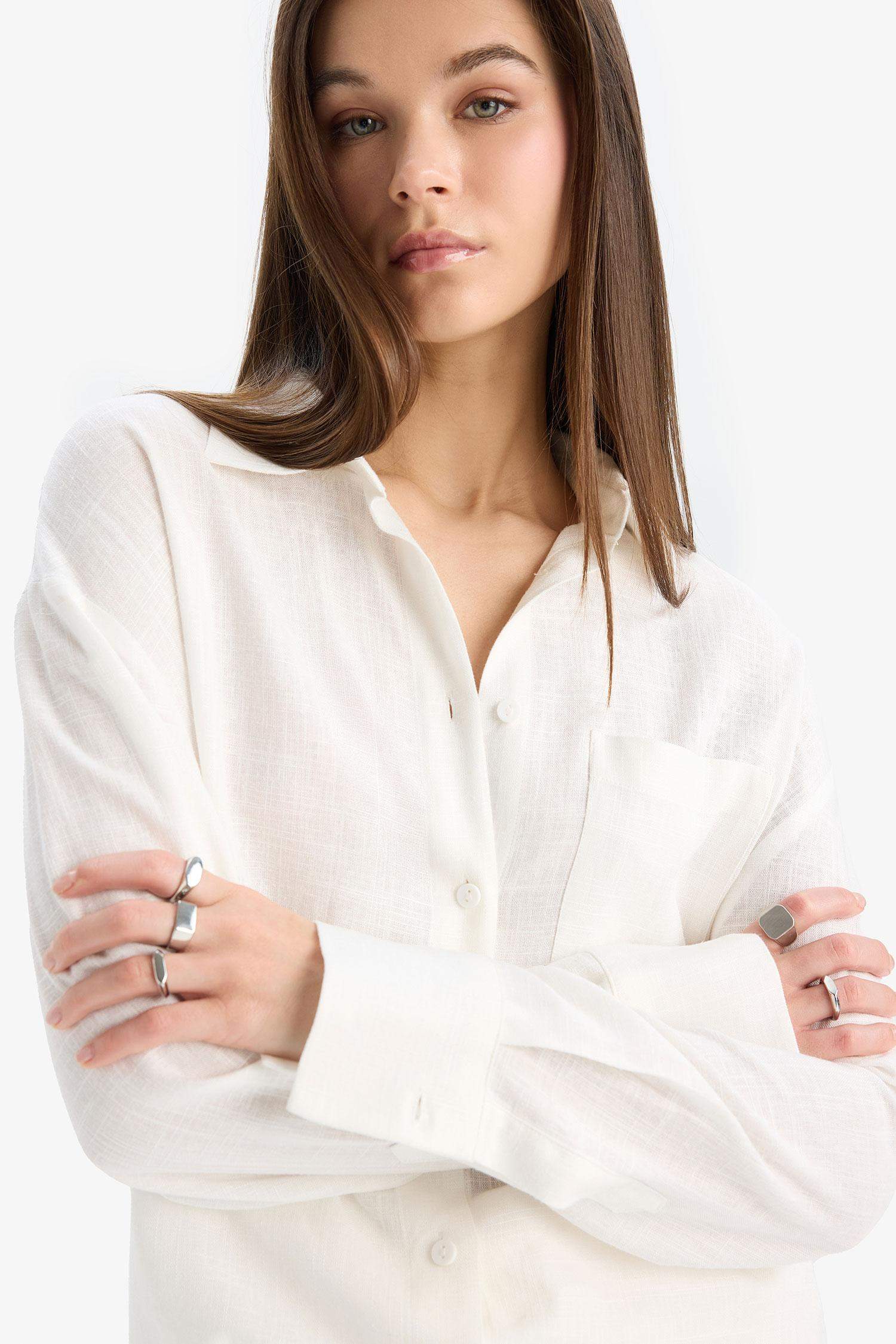 Afra x DeFacto Oversize Geniş Kalıp Tek Ceplli Uzun Kollu Gömlek