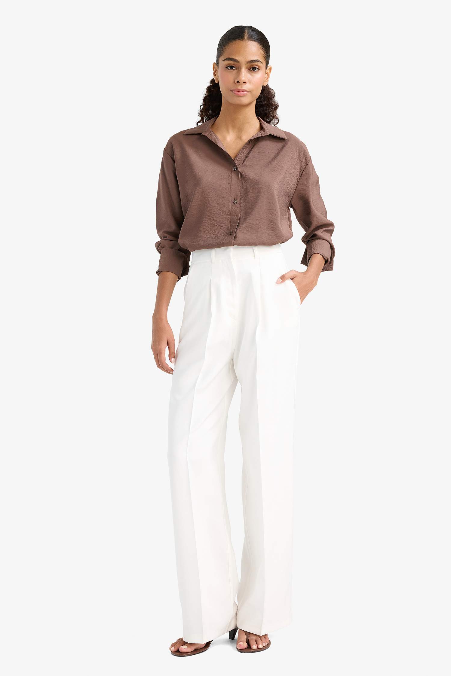 قميص كم طويل عادي اوفر سايز برقبة قميص