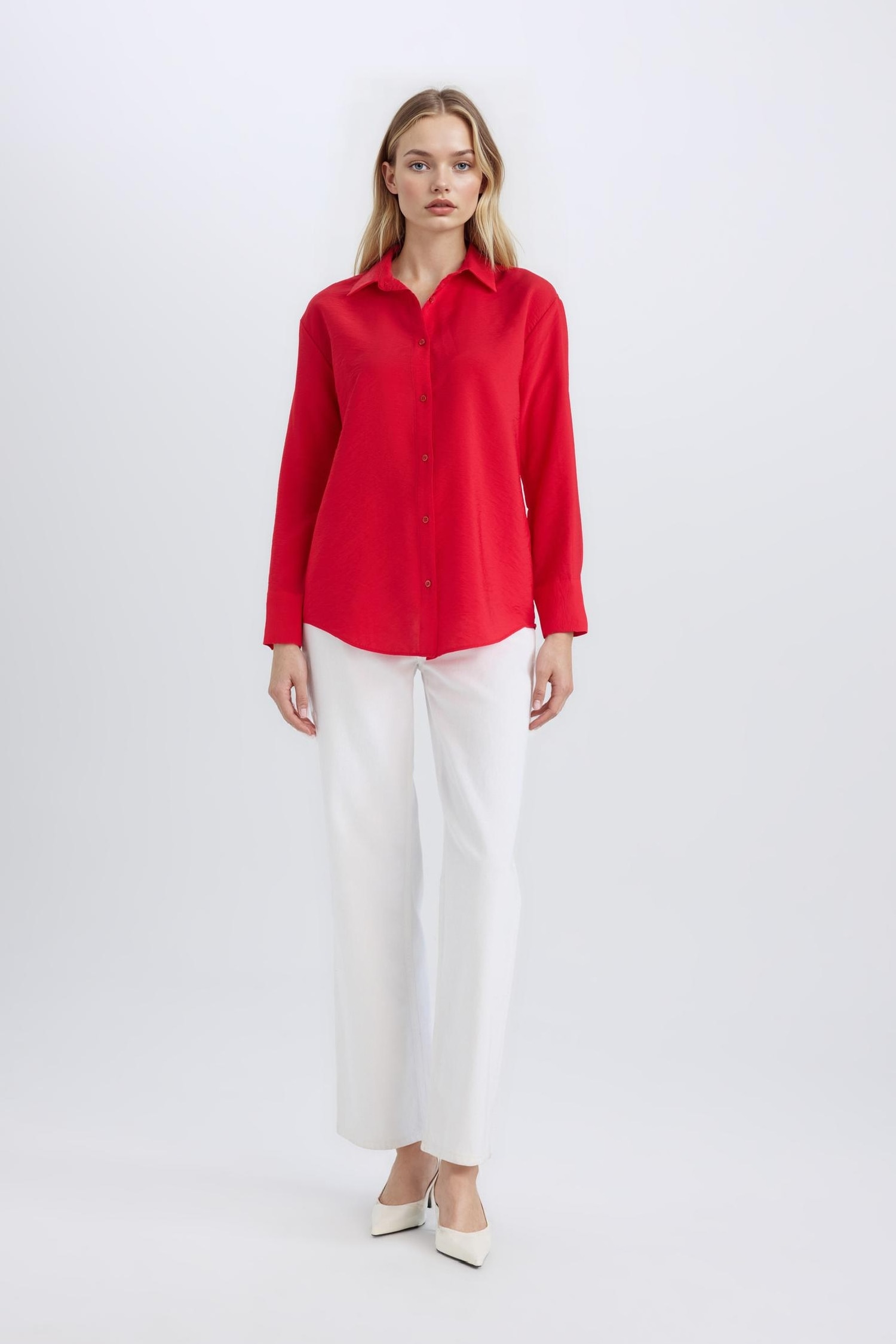 Oversize Geniş Kalıp Basic Düz Uzun Kollu Kırmızı Gömlek