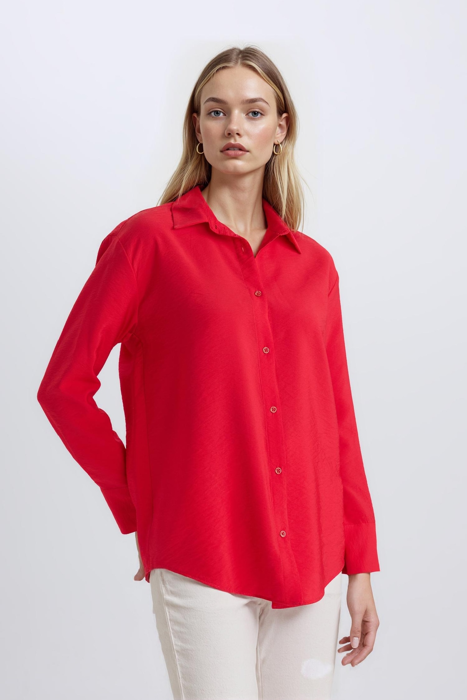 Oversize Geniş Kalıp Basic Düz Uzun Kollu Kırmızı Gömlek