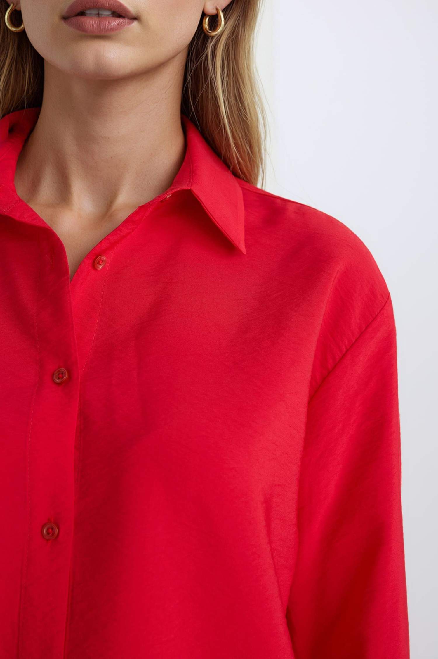 Oversize Geniş Kalıp Basic Düz Uzun Kollu Kırmızı Gömlek