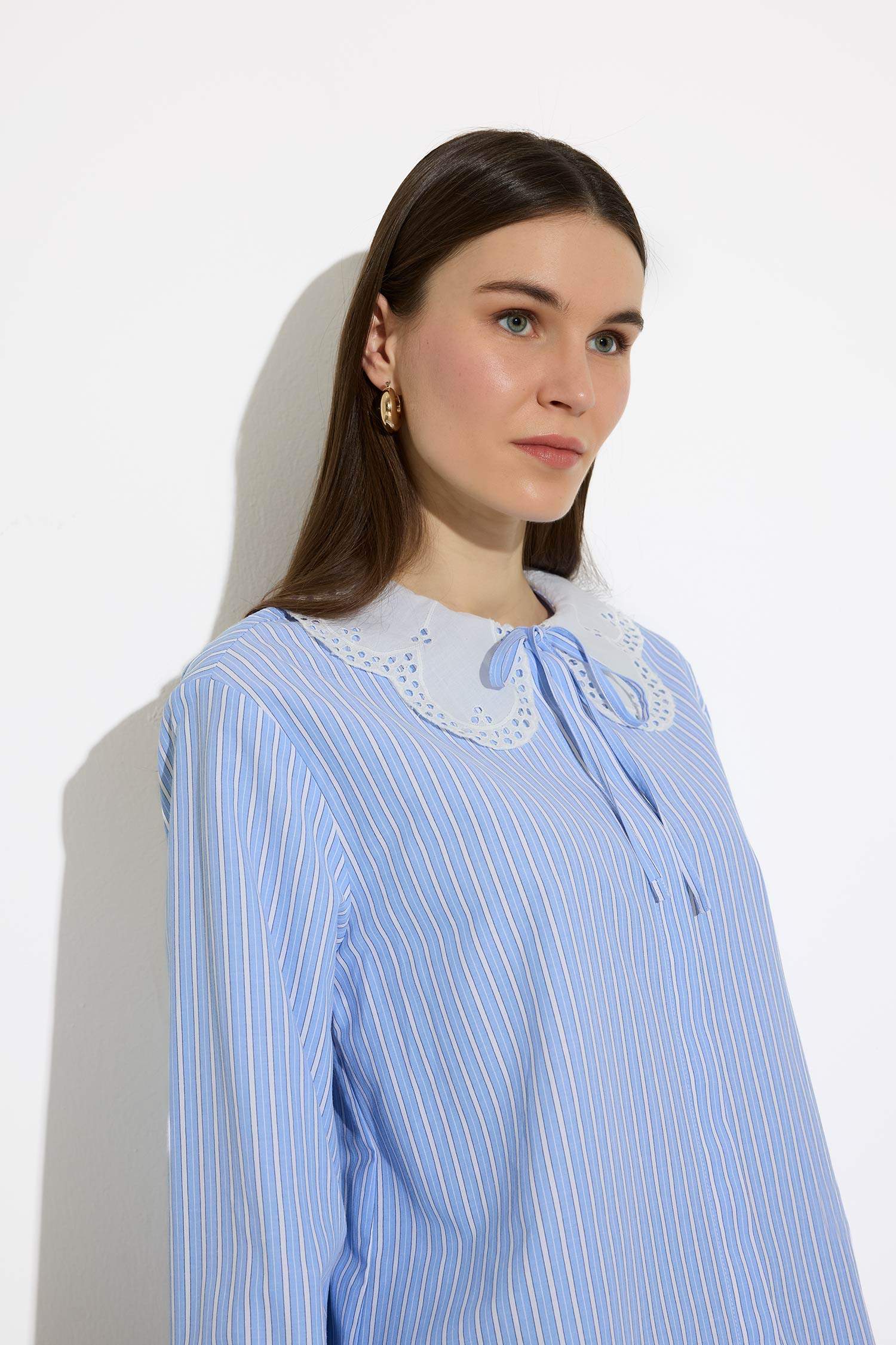 Regular Fit Geniş Yakalı Çizgili Poplin Uzun Kollu Gömlek Tunik