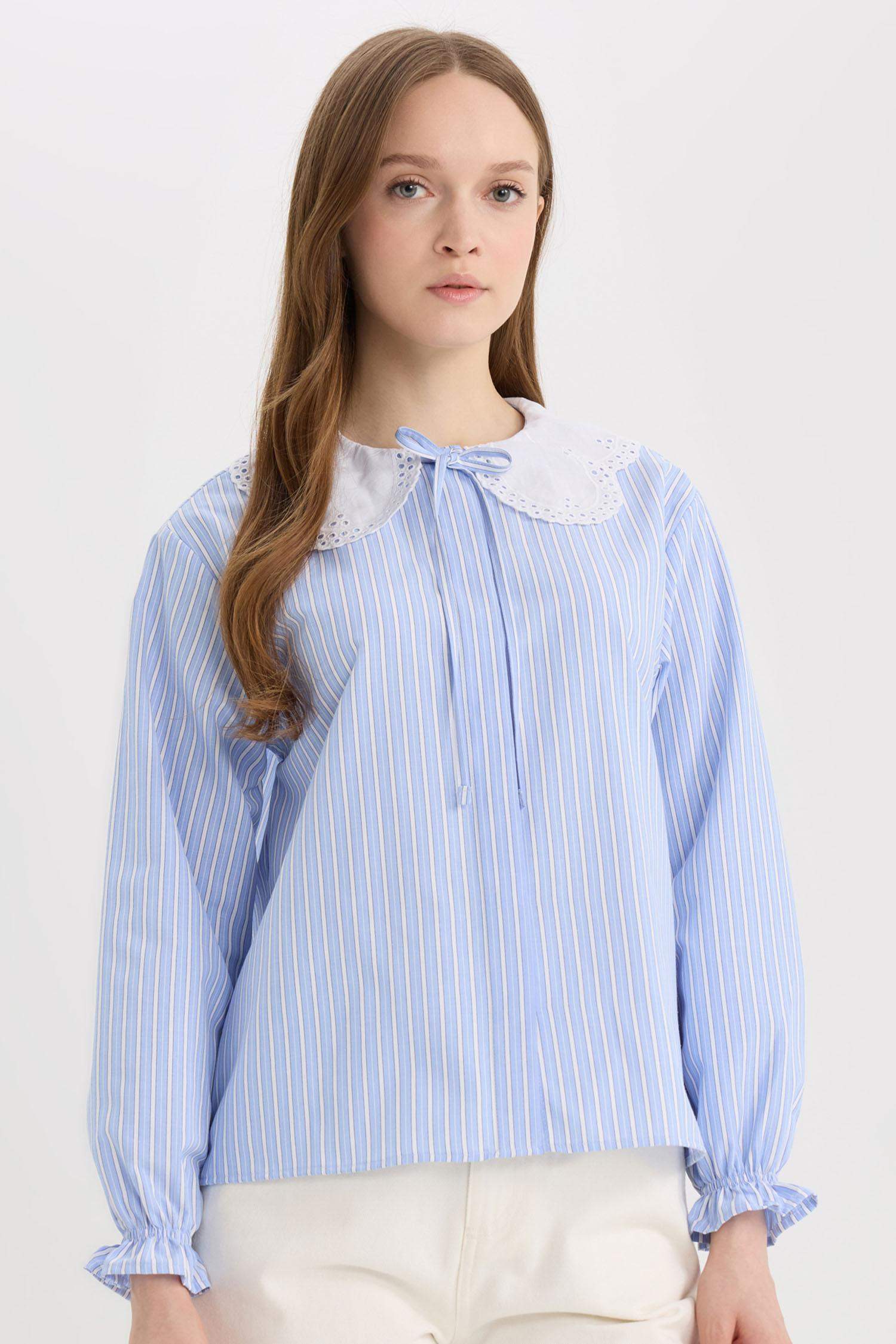 Regular Fit Geniş Yakalı Çizgili Poplin Uzun Kollu Gömlek Tunik