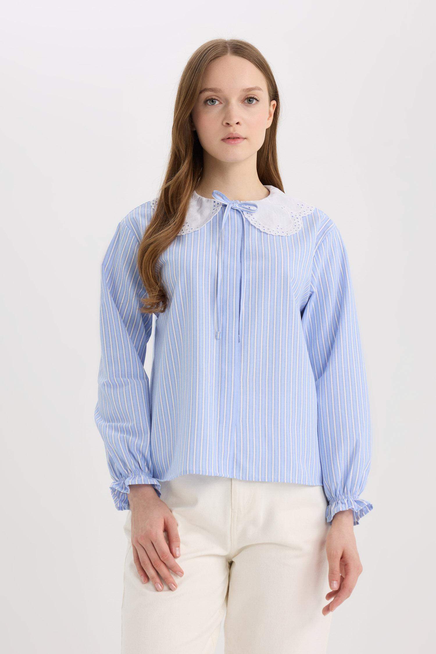 Regular Fit Geniş Yakalı Çizgili Poplin Uzun Kollu Gömlek Tunik