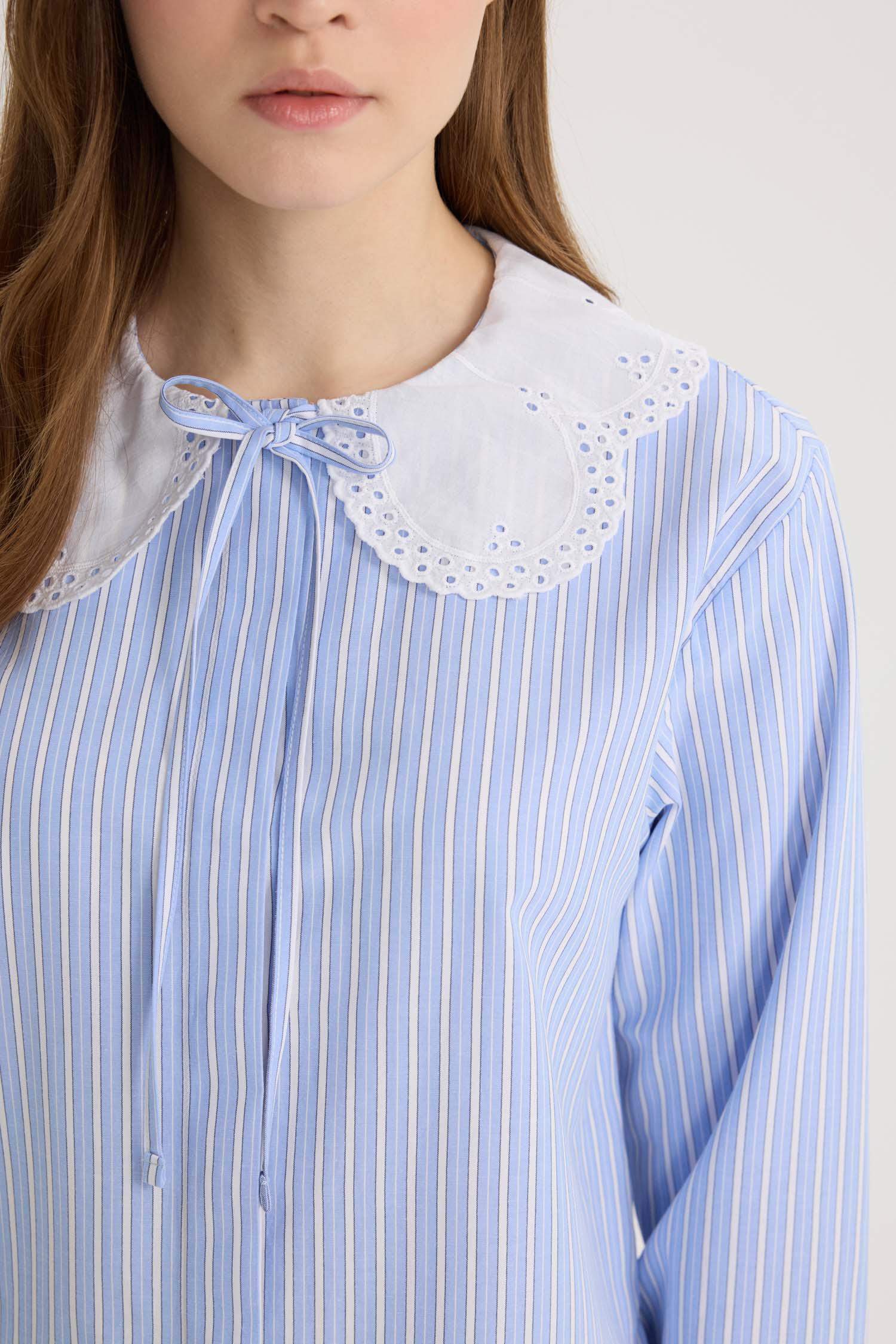 Regular Fit Geniş Yakalı Çizgili Poplin Uzun Kollu Gömlek Tunik