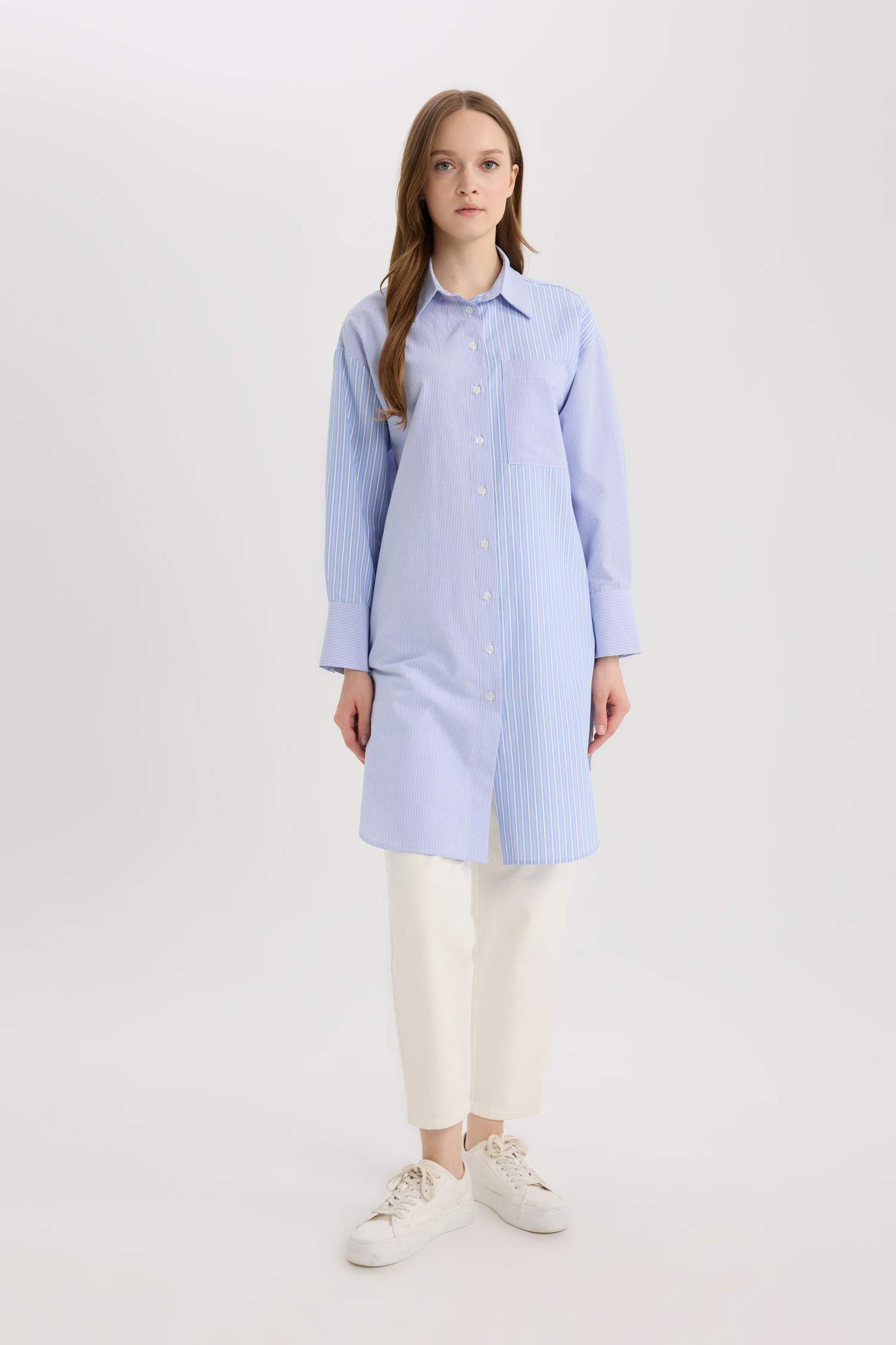 Relax Fit Çizgili Poplin Uzun Kollu Tesettür Gömlek Tunik