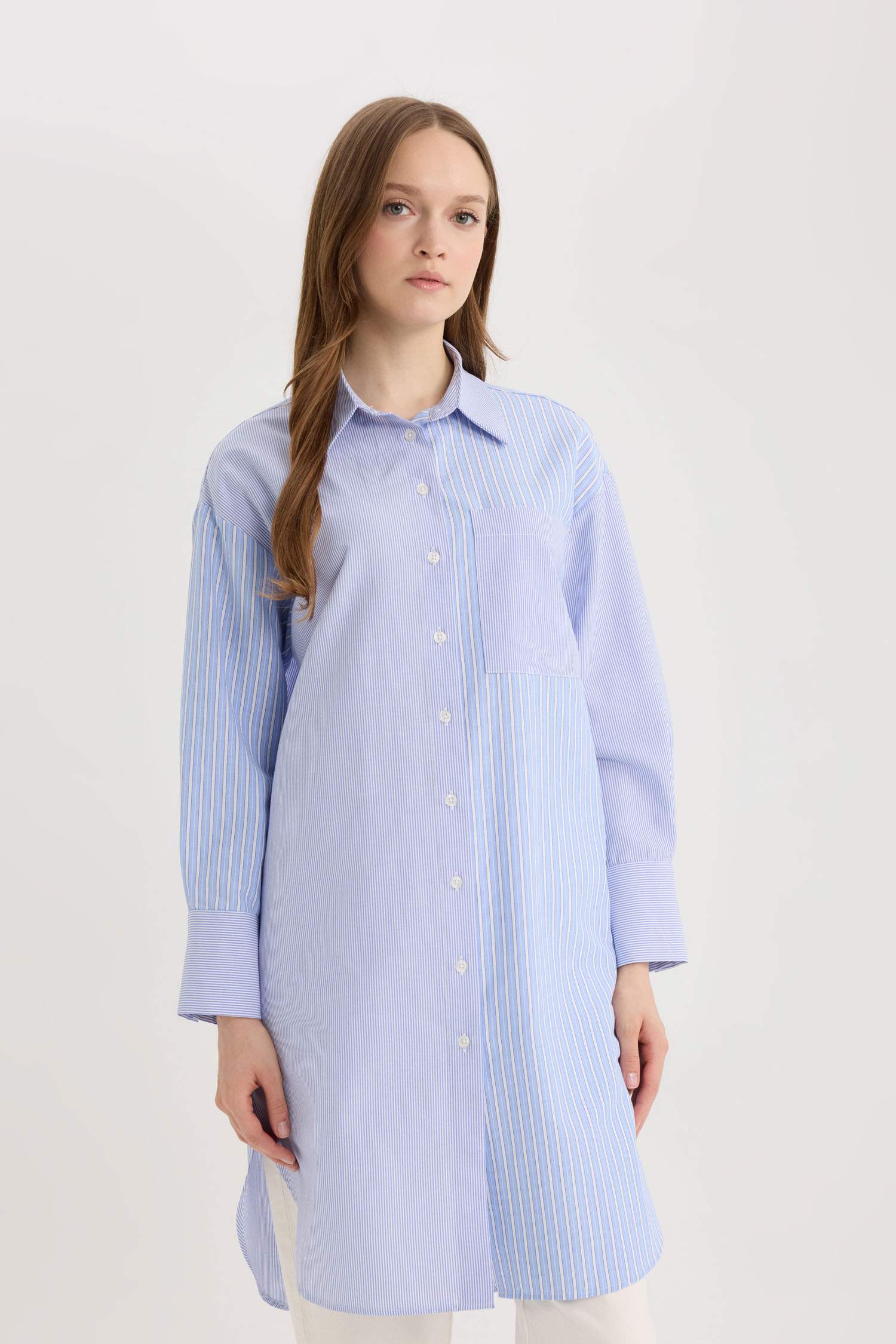 Relax Fit Çizgili Poplin Uzun Kollu Tesettür Gömlek Tunik