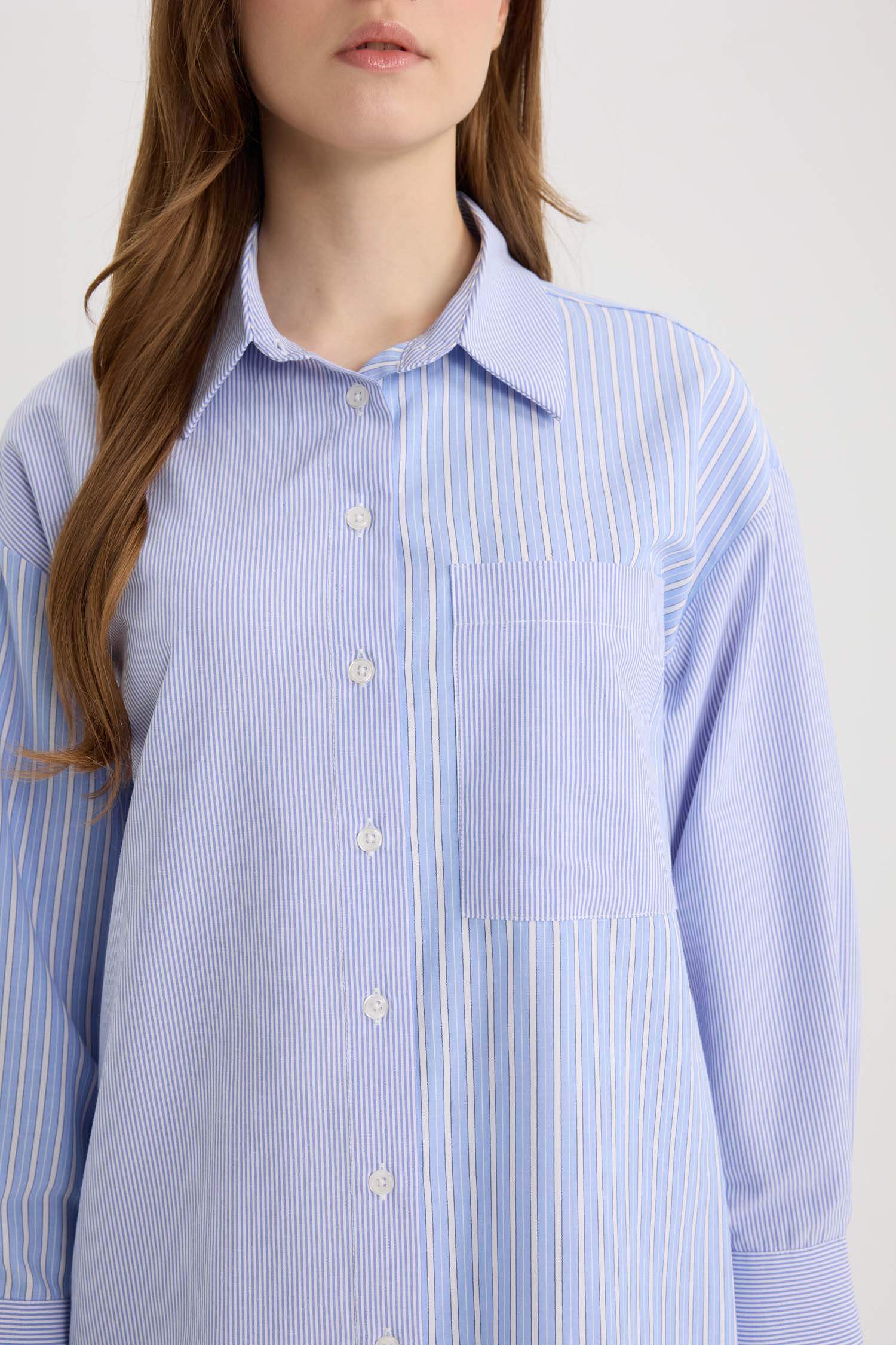 Relax Fit Çizgili Poplin Uzun Kollu Tesettür Gömlek Tunik