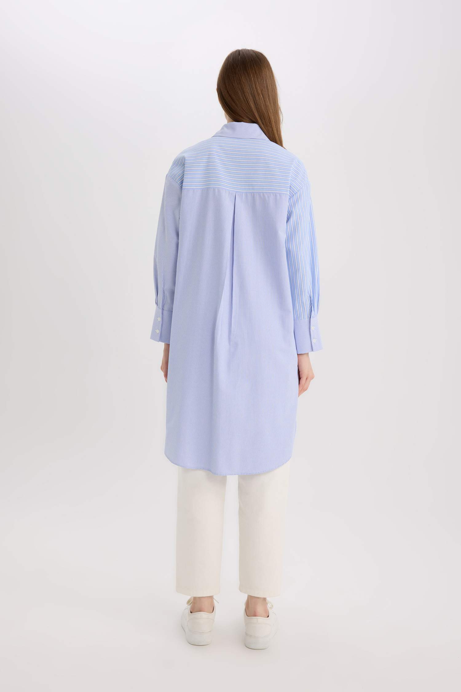 Relax Fit Çizgili Poplin Uzun Kollu Tesettür Gömlek Tunik