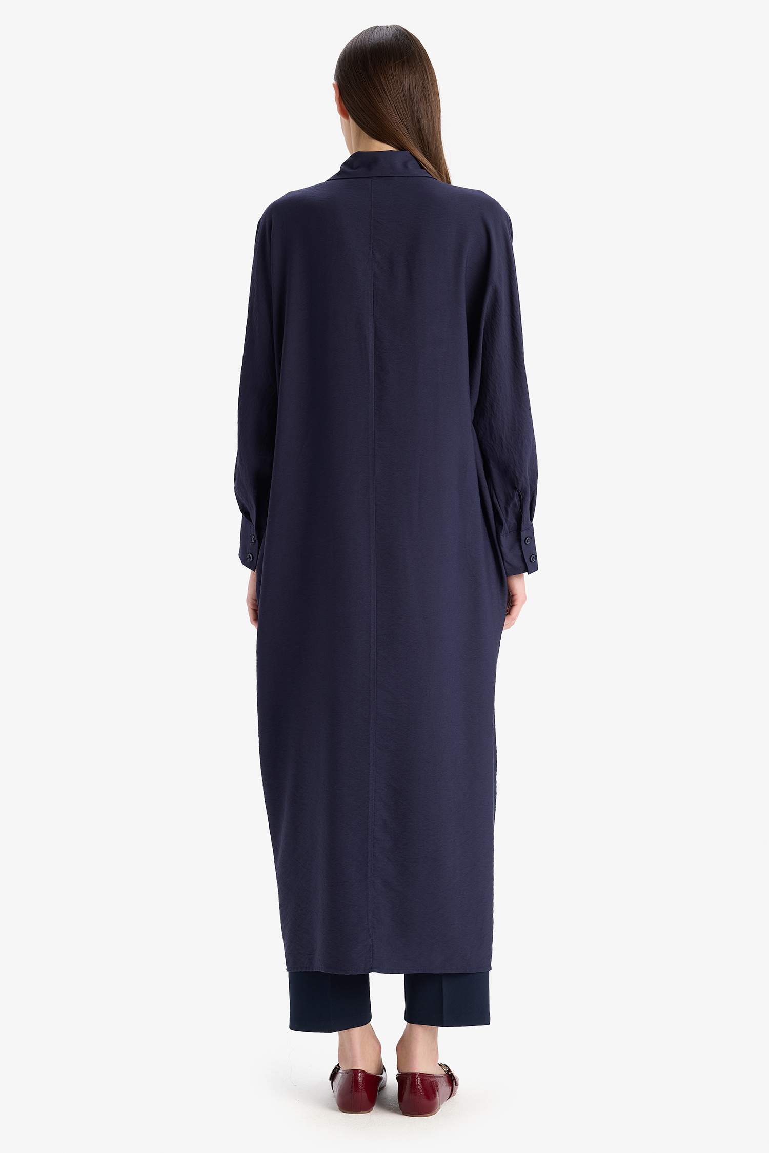 Relax Fit Gömlek Yaka Cepli Basic Düz Uzun Kollu Maxi Tesettür Elbise