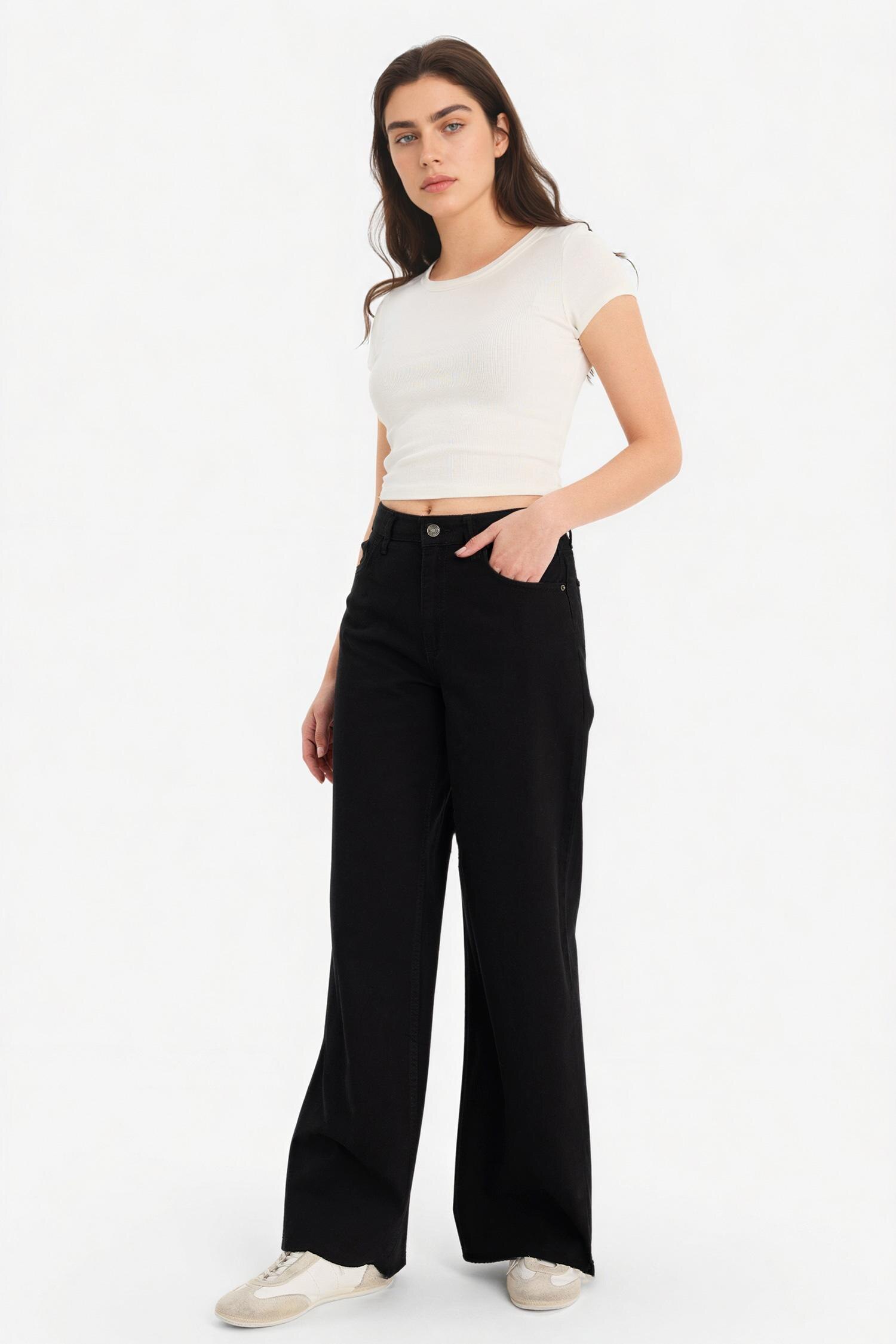 DeFacto %100 Pamuk Wıde Leg Normal Bel Gabardin Pantolon görsel 3