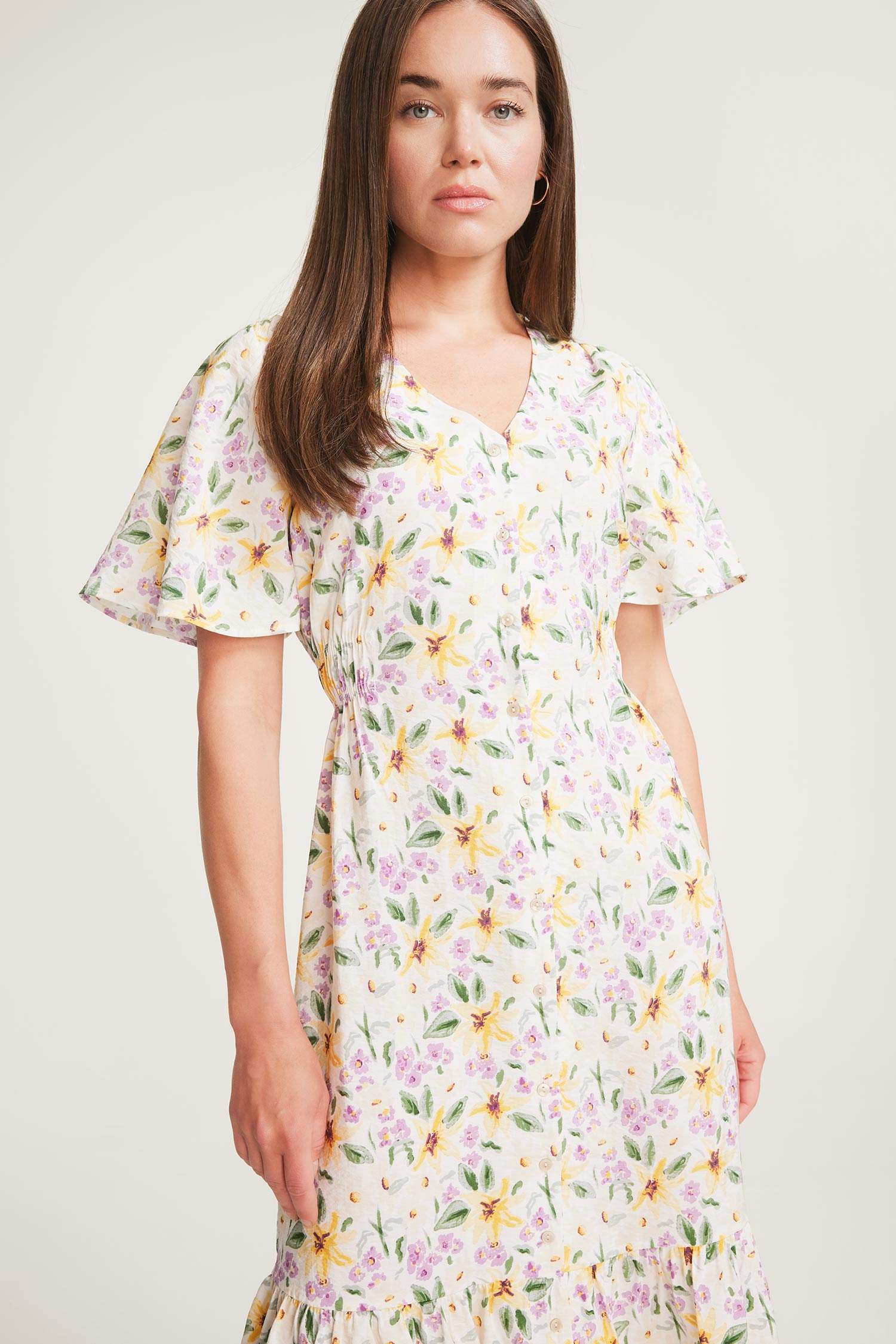 V Yaka Çiçek Desenli Kısa Kollu Midi Yazlık Elbise